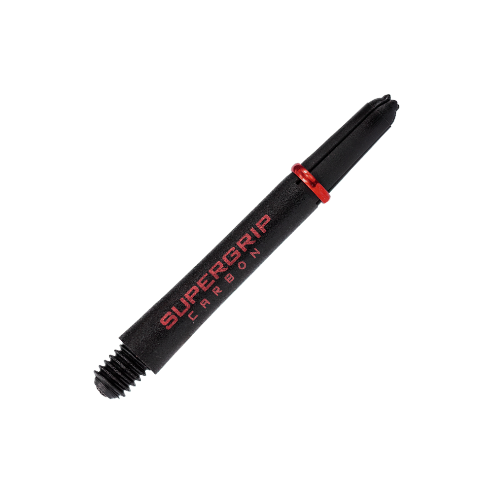 HR358_Harrows_Supergrip_Carbon_Shafts_Rot_40mm_2 Das Bild zeigt einen Harrows Supergrip Carbon Shaft in Rot. Der Schaft ist schwarz mit rotem Schriftzug und einem roten Ring gestaltet.