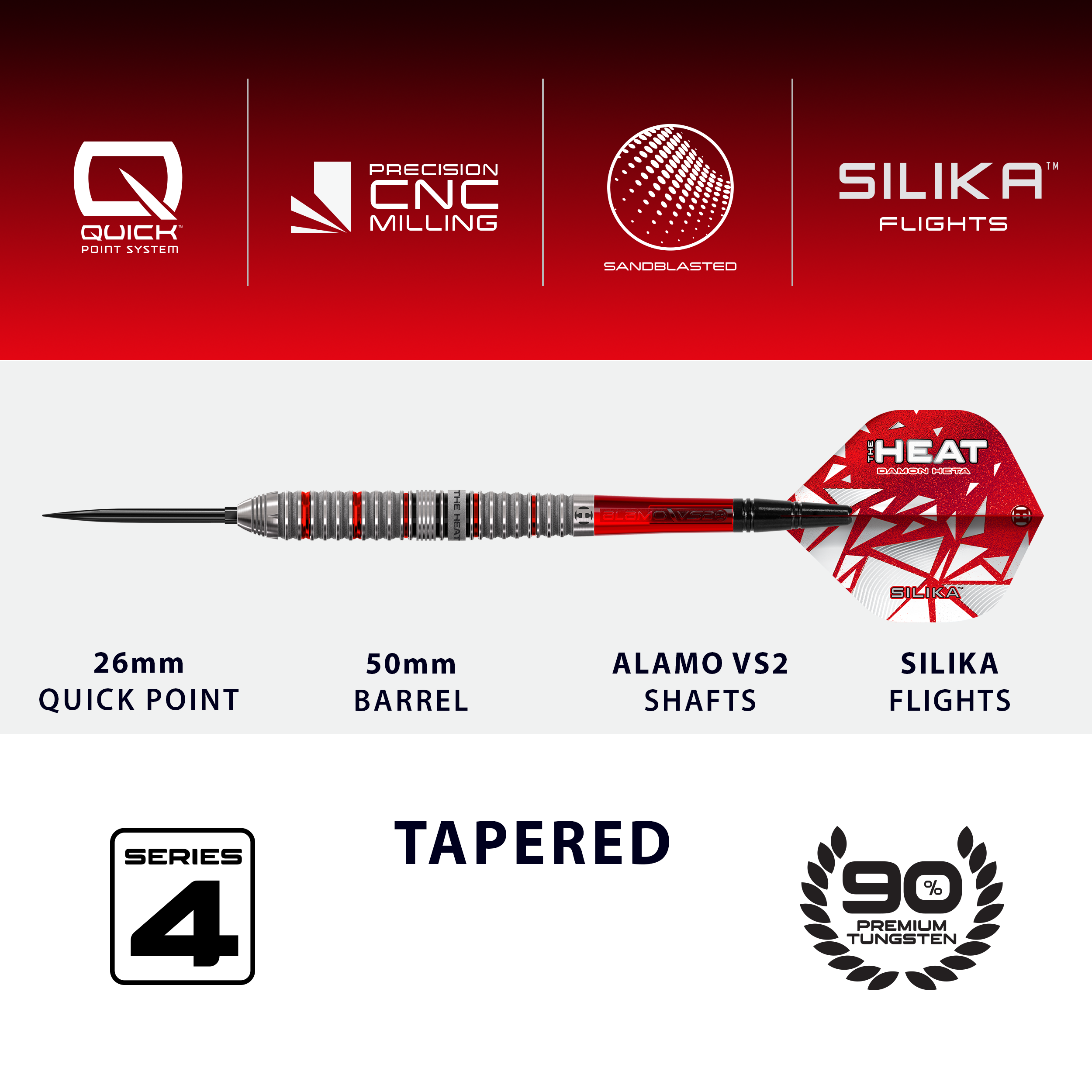 Harrows Damon Heta Series 4 Quick Point Steeldarts Dieses Bild zeigt die Harrows Damon Heta Series 4 Quick Point Steeldarts. Sie sind für den Gebrauch beim Steeldartspiel konzipiert.