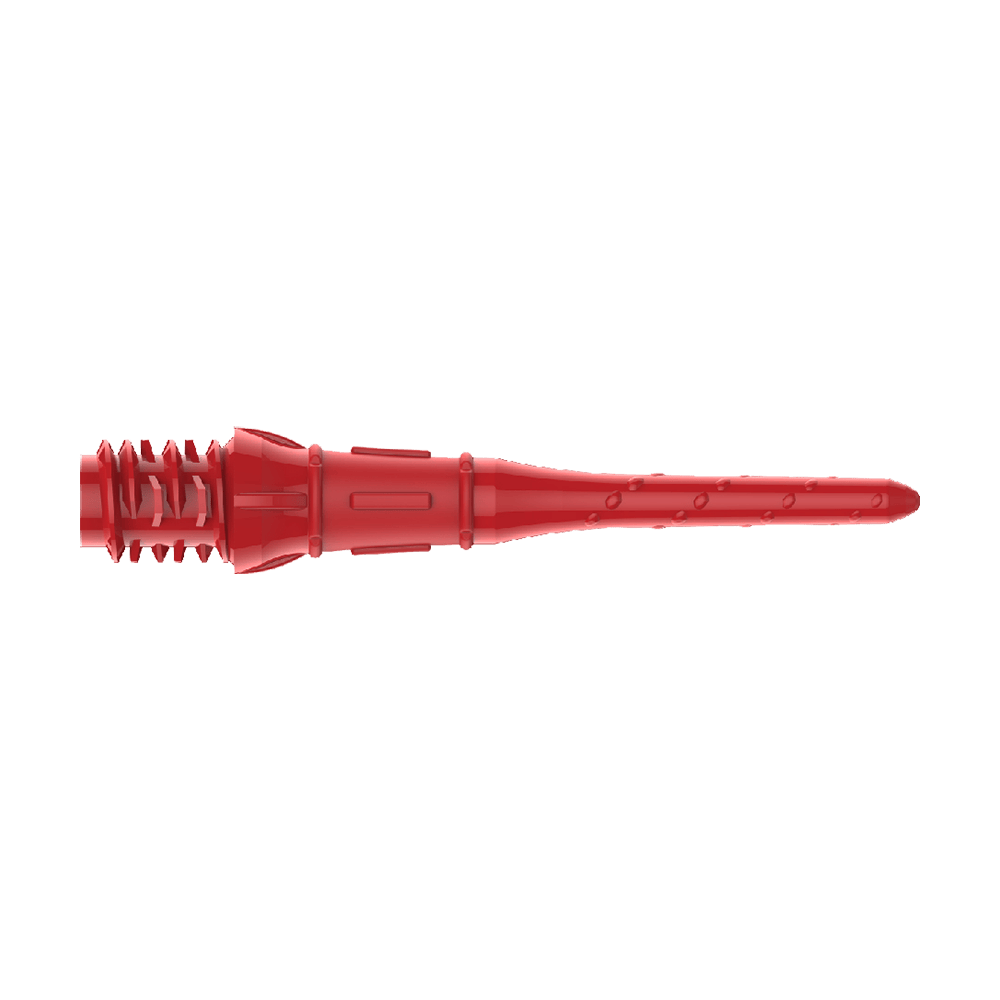 Das Bild zeigt eine rote Dartspitze aus Kunststoff. Sie hat ein spezielles Design mit Rillen und einer verstärkten Basis.