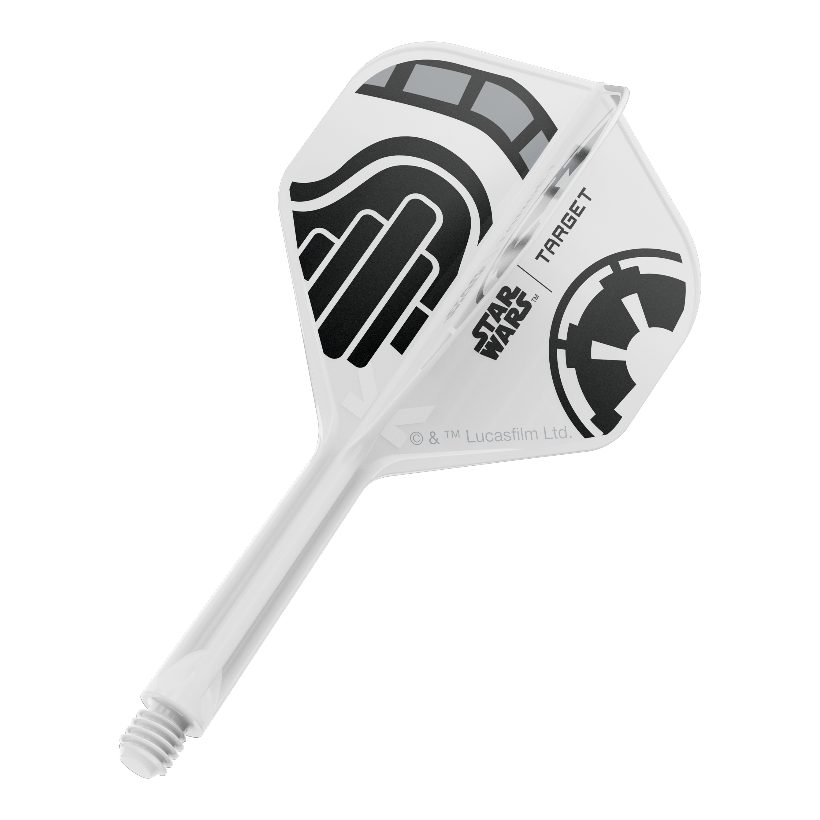 Das Bild zeigt einen einzelnen Dart-Flight aus der Star Wars KFlex Stormtrooper Serie. Der Flight ist in der Standardgröße und hat eine Länge von 26 mm.