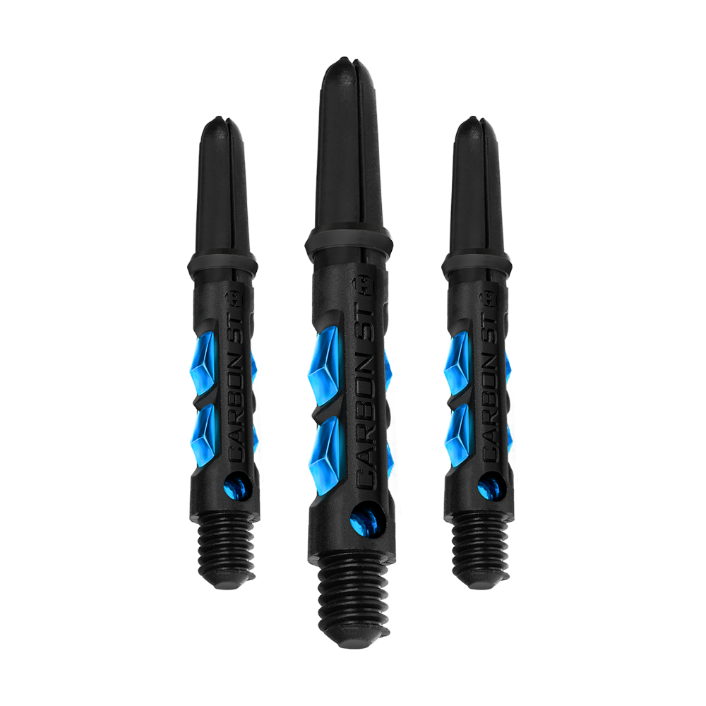Auf dem Bild sind drei Harrows Carbon ST Shafts in der Farbe Aqua zu sehen. Die Dartschäfte sind überwiegend schwarz mit blauen Akzenten gestaltet.
