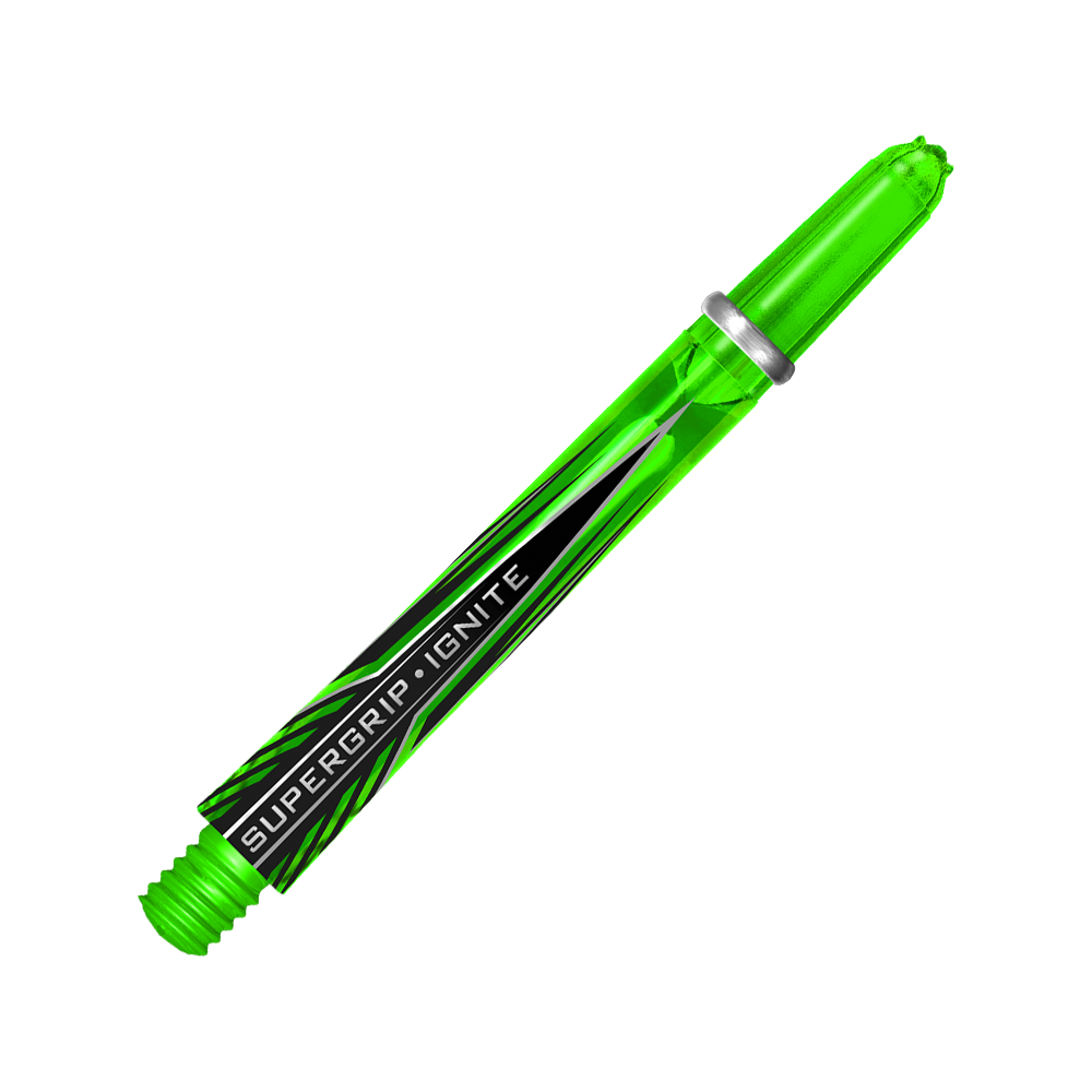 HR391_Harrows_Supergrip_Ignite_Shafts_Gr-n_47mm_2 Das Bild zeigt einen grünen Harrows Supergrip Ignite Shaft für Dartpfeile. Auf dem Schaft steht der Schriftzug "SUPERGRIP IGNITE".