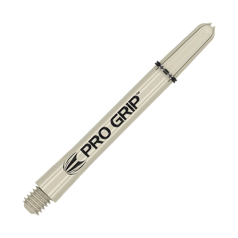 Auf dem Bild ist ein beiger Dart-Schaft mit der Aufschrift "PRO GRIP" zu sehen. Der Schaft hat ein Schraubgewinde an einem Ende und einen Schlitz für Flights am anderen Ende.