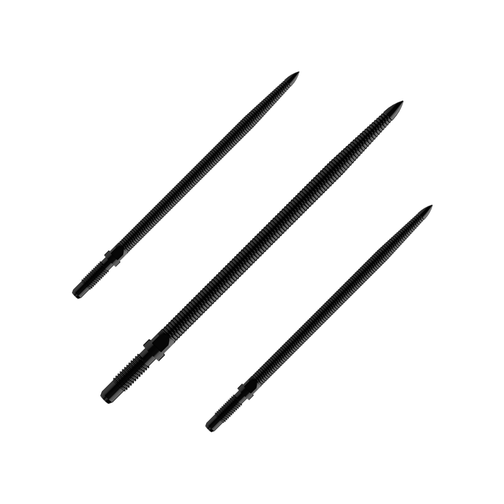 Das Produkt BU57706_BullsNL_Convertible_Points_MicroGrip_Schwarz_40mm_1Set ist zu sehen. Es besteht aus einem Set schwarzer umwandelbarer Dartspitzen mit MicroGrip in 40 mm Länge.