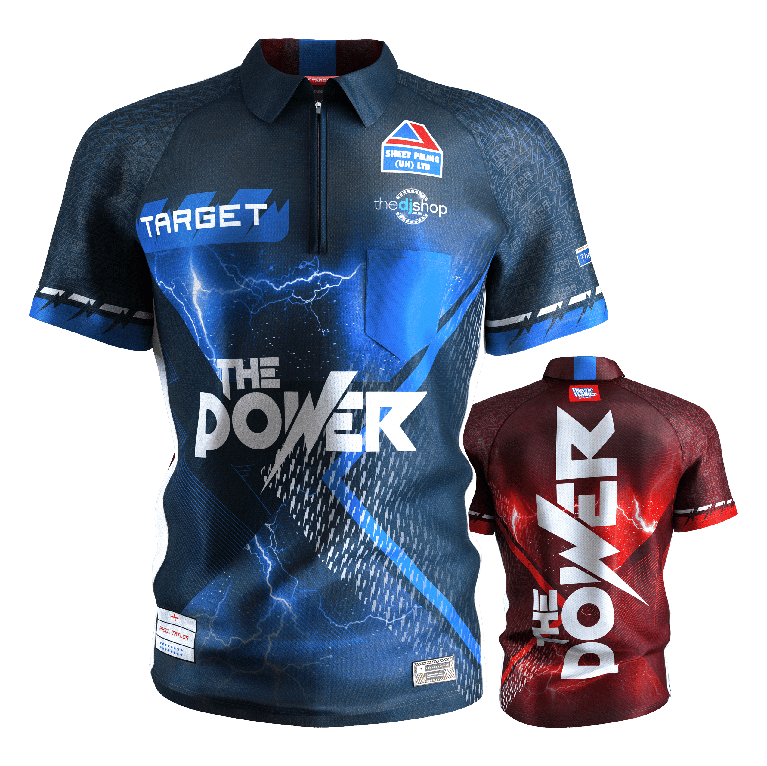 Target Coolplay Phil Taylor 2025 Dartshirt Das Bild zeigt zwei Dartshirts mit dem Aufdruck "THE POWER" von Target Coolplay Phil Taylor 2025. Eines der Shirts ist hauptsächlich blau, das andere rot, beide mit auffälligen Blitzdesigns.
