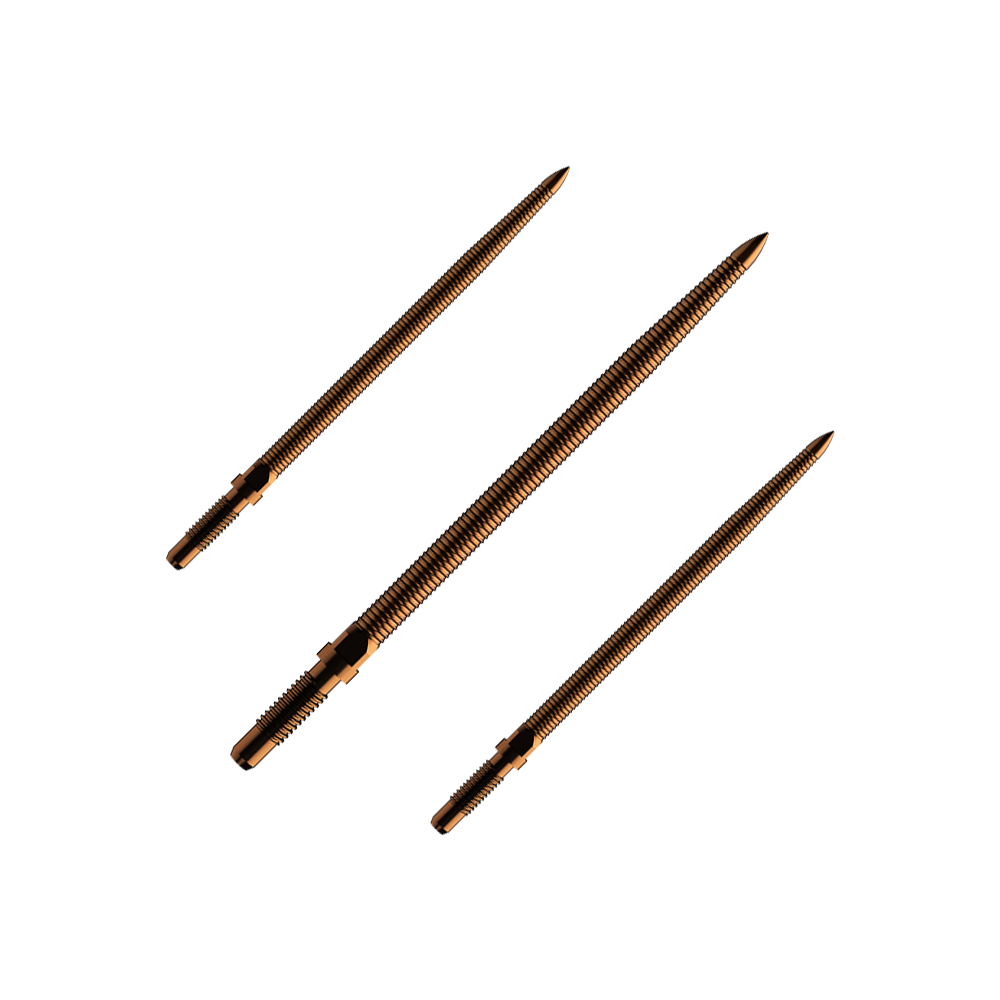 Abgebildet ist ein Satz Dartspitzen mit MicroGrip in Bronze. Die Spitzen sind 36mm lang.