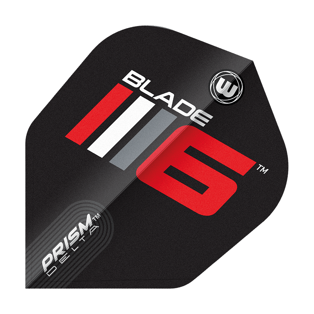 Winmau Prism Delta Blade 6 No6 Flights Das Bild zeigt ein Dartflight mit dem Aufdruck "Blade 6" in auffälligen Farben. Unten links steht "Prism Delta" und das Design ist modern und sportlich.