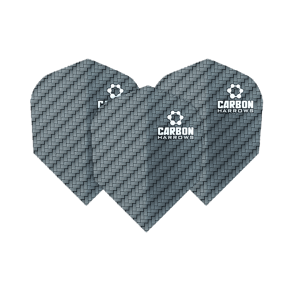 HR52_Harows_Carbon_No6_Flights_Blau_1STC7bfqSj2vwP Das Bild zeigt die Harrows Carbon Flights HR52 mit einem schwarz-grauen Karbonmuster. Auf jedem Flight steht das Logo und der Schriftzug "CARBON HARROWS".