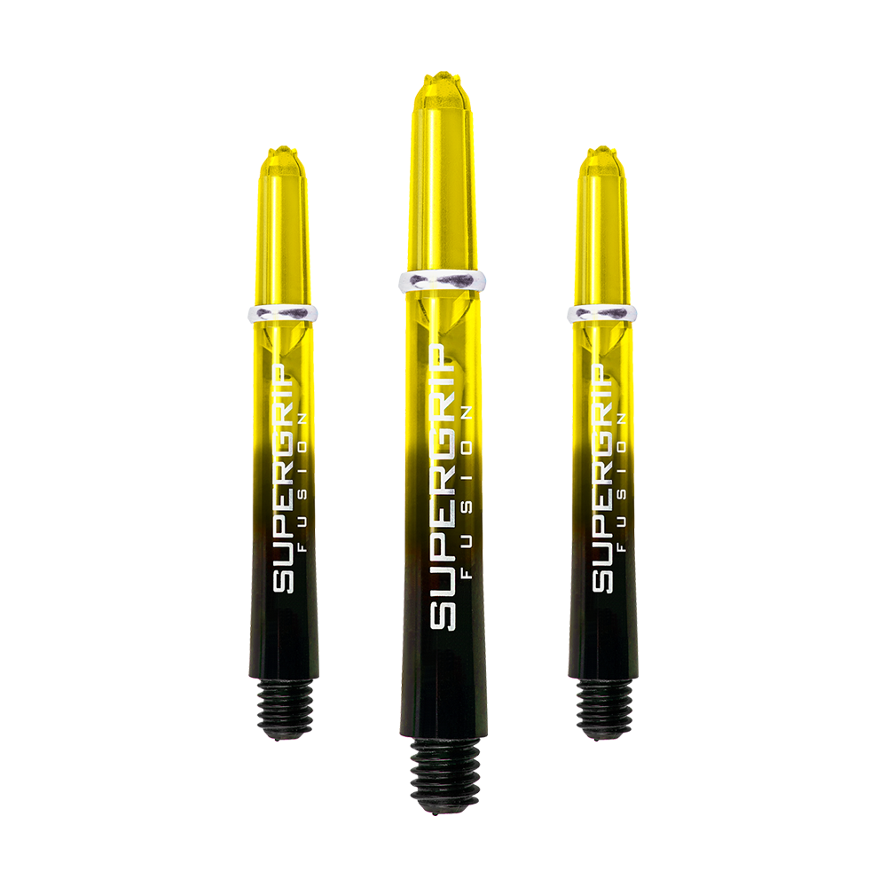 HR349_Harrows_Supergrip_Fusion_Shafts_Gelb_40mm_19jj2CSIuhFLGT Das Bild zeigt drei gelb-schwarze Dartschäfte mit der Aufschrift "Supergrip Fusion". Die Schäfte sind das Produkt "Harrows Supergrip Fusion Shafts - Gelb".