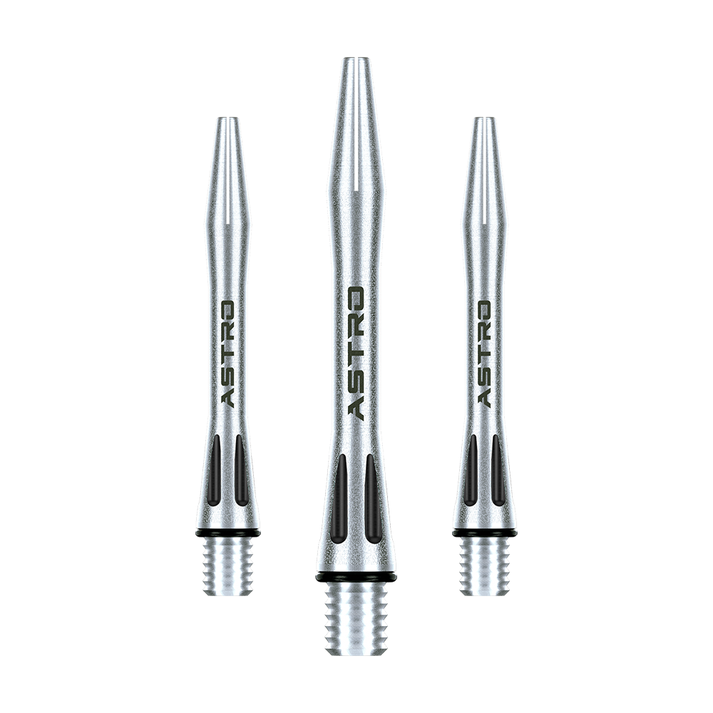 Das Bild zeigt drei silberne Winmau Astro Aluminium Shafts mit schwarzem Akzent. Auf jedem Shaft steht das Wort "ASTRO" geschrieben.