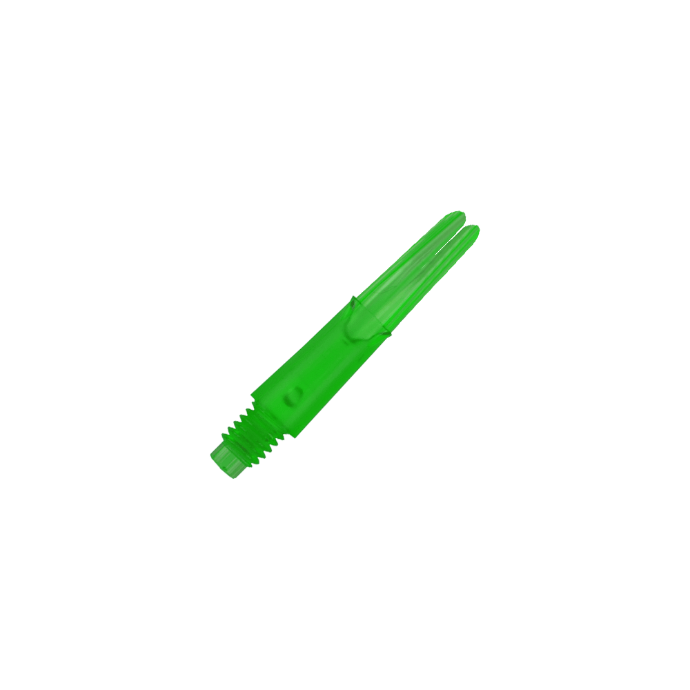 L-Style L-Shafts Locked Straight - Green 130 Das Bild zeigt einen geraden, grünen Dart-Schaft ohne Kappen. Der Schaft ist durchsichtig und hat ein Schraubgewinde am unteren Ende.