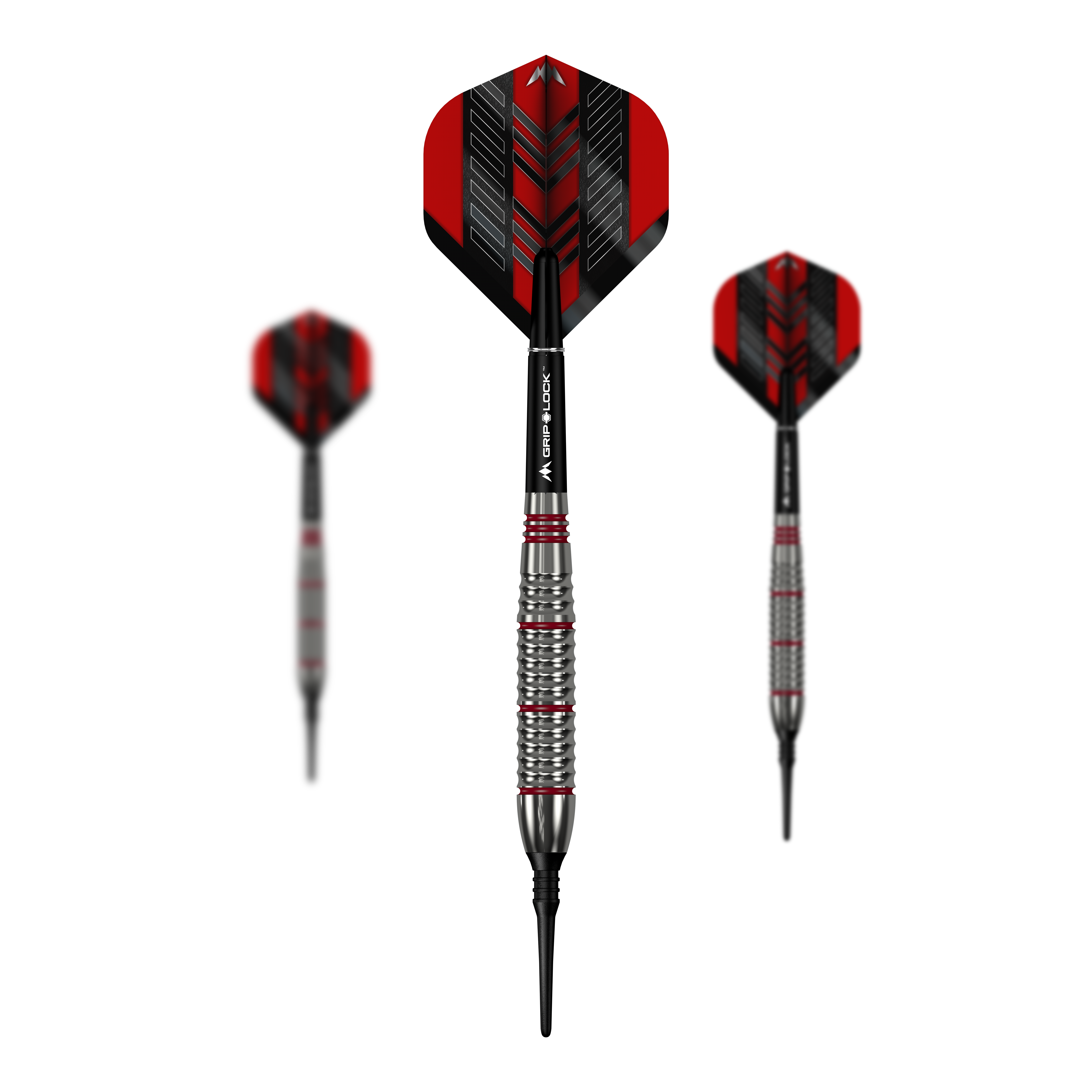 Mission Rogue Brass Softdarts - 18g Das Bild zeigt drei Mission Rogue Brass Softdarts mit einem Gewicht von 18g. Die Darts haben schwarze und rote Flights sowie silberne, gerillte Barrels.