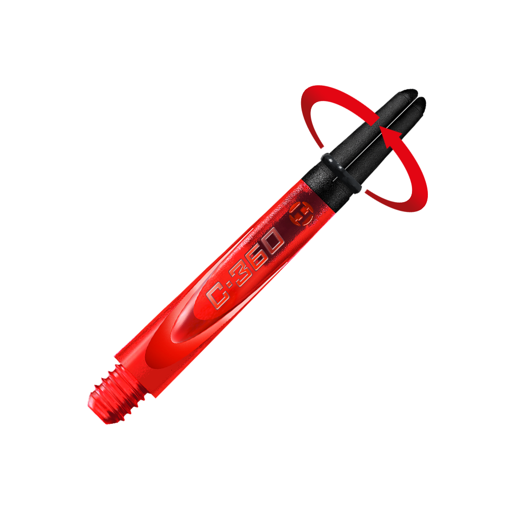 HR456_Harrows_Carbon_360_Shafts_Rot_42mm_2_Symbol Das Bild zeigt einen roten Harrows Carbon 360 Dart-Schaft mit schwarzer Spitze. Auf dem Schaft steht die Aufschrift „C:360“.