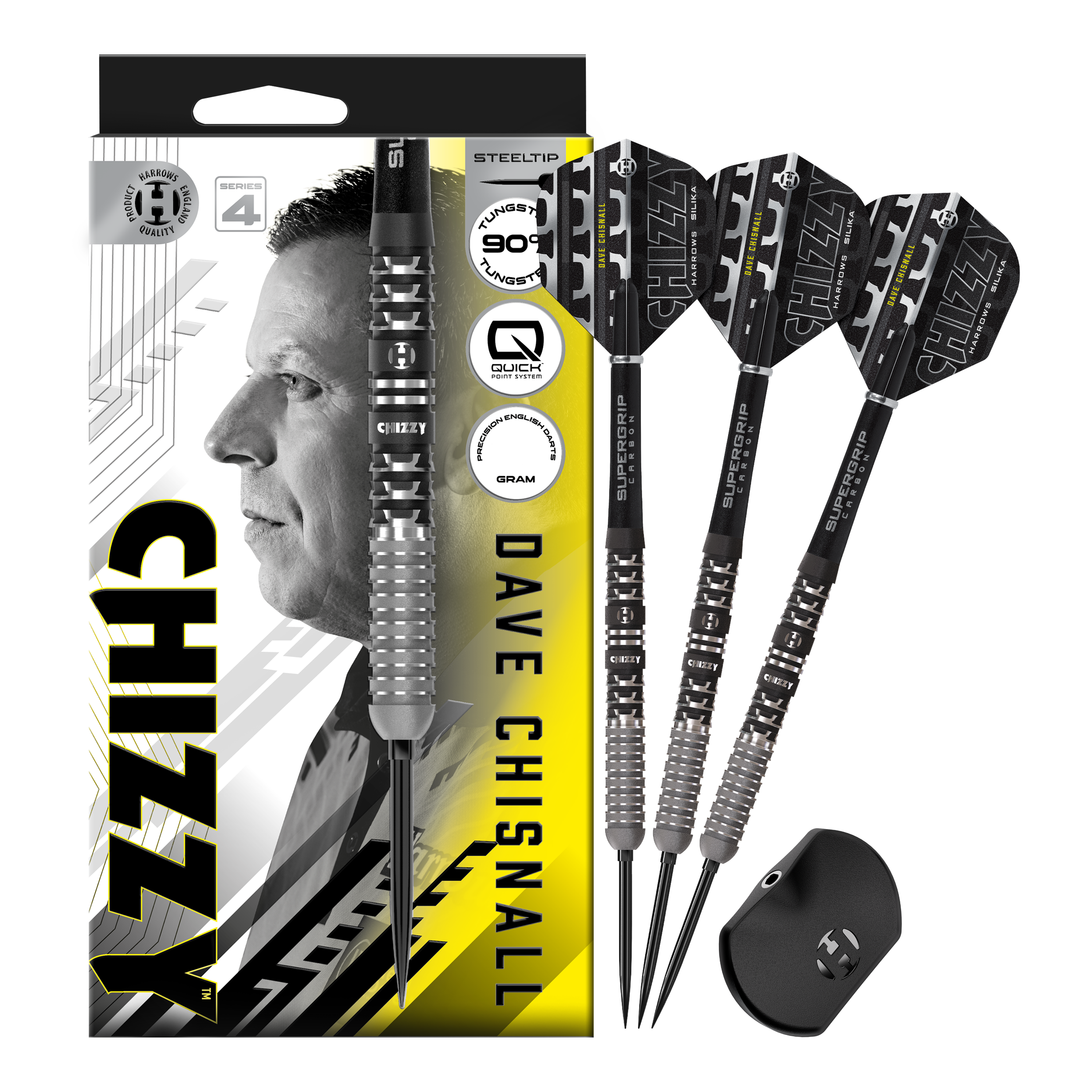 Abgebildet sind die Harrows Dave Chisnall Chizzy Series 4 Quick Point Steeldarts in der Vollansicht. Diese Steeldarts bieten hohe Qualität und ein ansprechendes Design.