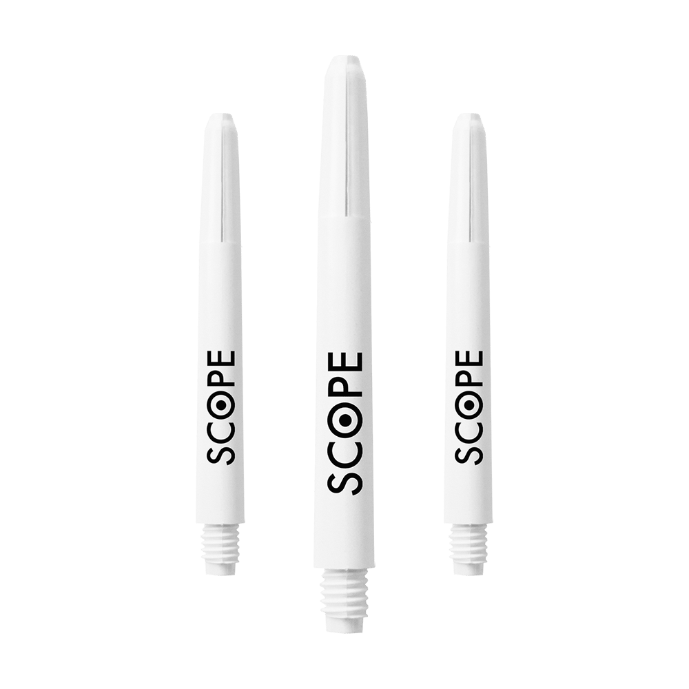 Das Bild zeigt drei weiße McDart Scope Nylon Shafts. Auf jedem Shaft steht das Wort "SCOPE" in schwarzer Schrift.