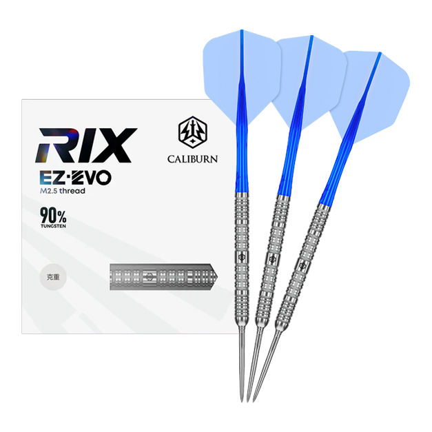 Caliburn Rix EZ-EVO R1 Steeldarts Das Bild zeigt das vollständige Set der Caliburn Rix EZ-EVO R1 Steeldarts. Es handelt sich um professionelle Steeldarts für ambitionierte Spieler.