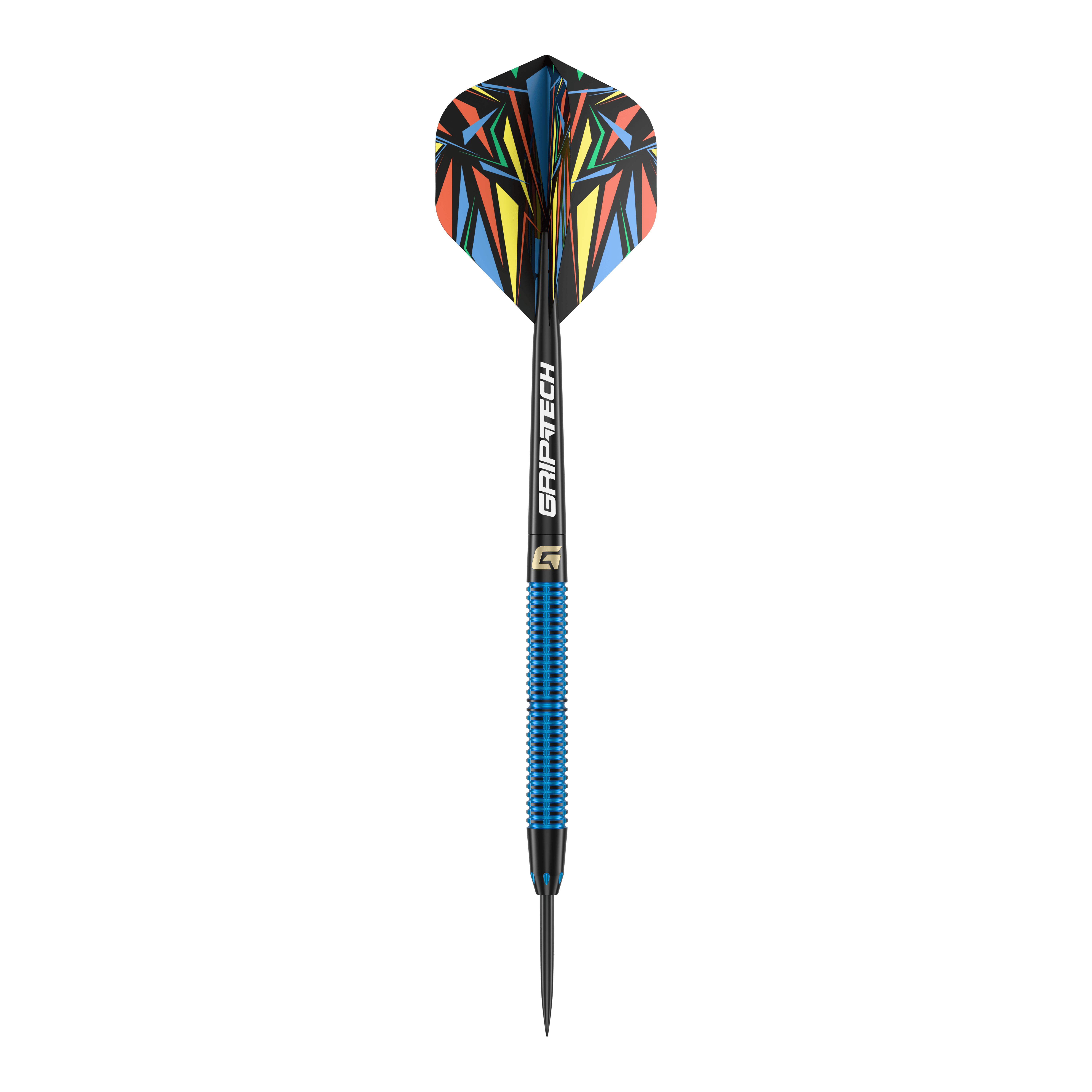 GOAT Athlete Blue Brass Steeldarts - 12g Das Bild zeigt einen Steeldart mit blauem Griff und der Aufschrift "GRIP-TECH". Die Flights haben ein buntes, geometrisches Muster.
