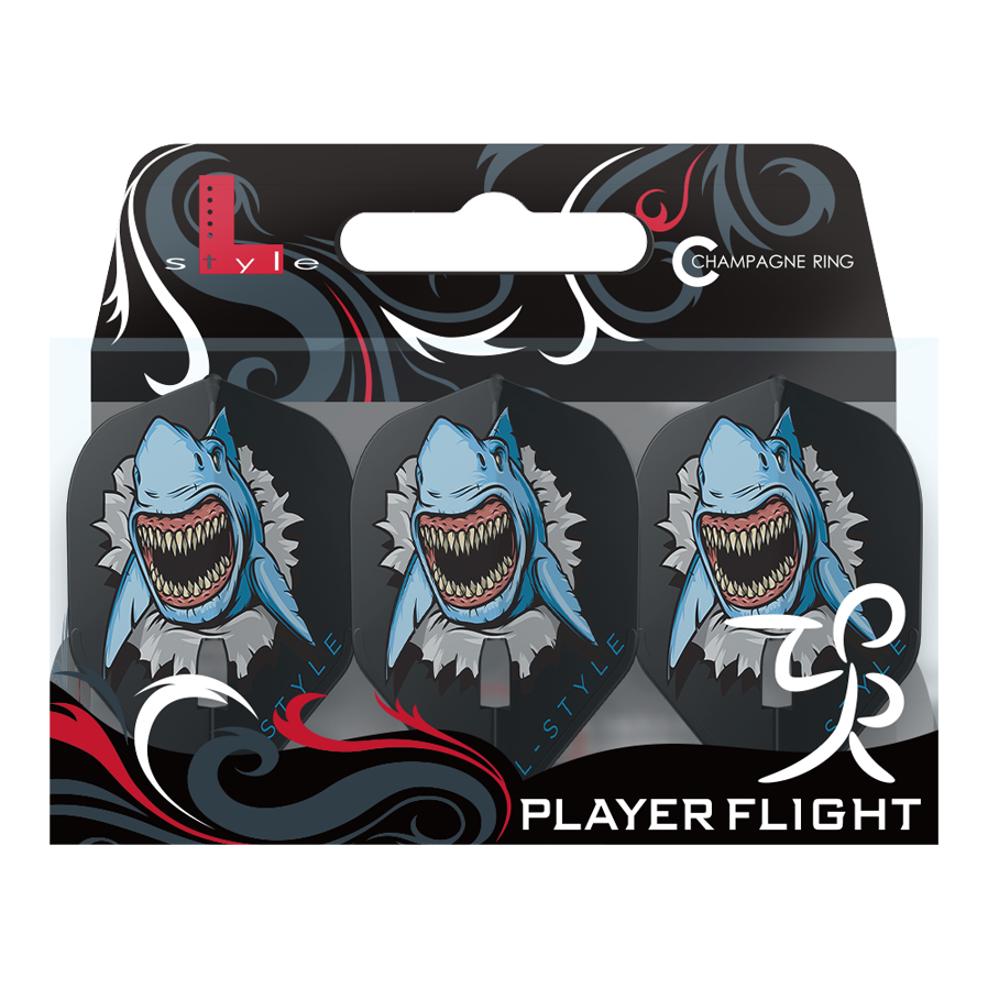 Das Bild zeigt eine Packung mit drei Dartflights der Marke "L-Style Florian Hempel Black Signature Champagne L1PRO Flights". Die Flights sind schwarz und zeigen das Bild eines furchterregenden, zähnefletschenden Hais.