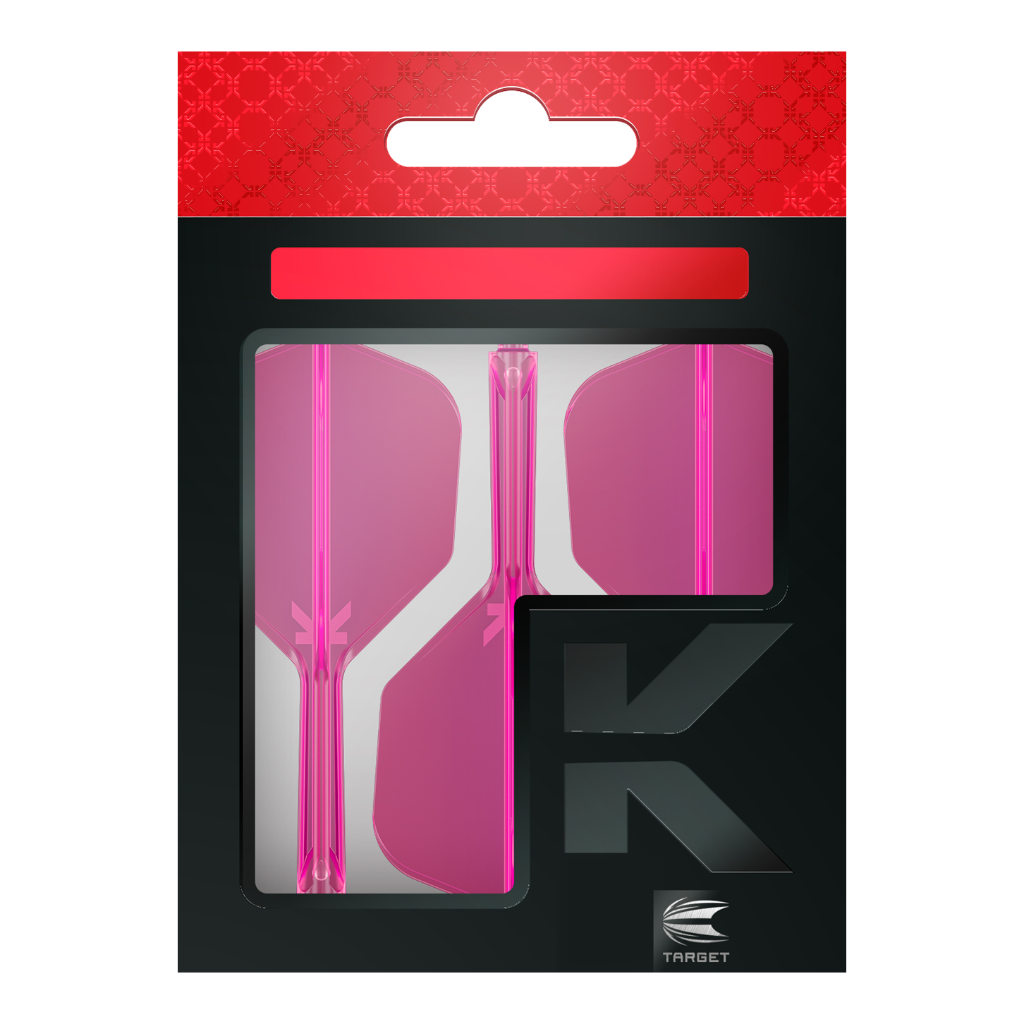 Auf dem Bild ist eine Verpackung mit drei neonpinken Dart-Flights zu sehen. Die Verpackung ist überwiegend schwarz mit einem roten oberen Bereich und zeigt das Logo von Target.