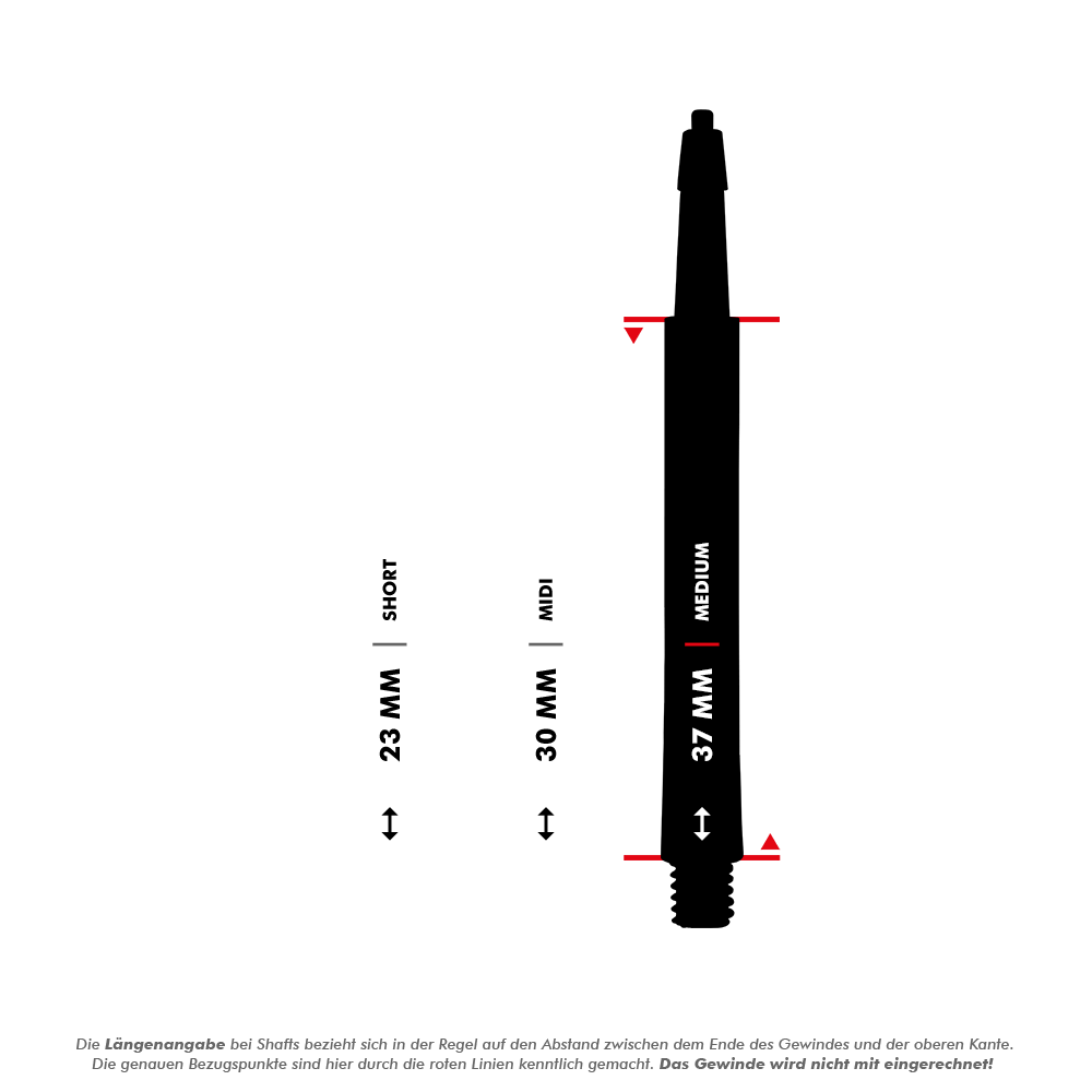 HRC12619_Harrows_Clic_Standard_Shafts_5_37mmNn9LPTthBPmdt Das Bild zeigt drei verschiedene Längen der Harrows Clic Standard Shafts in Weiß: Short (23 mm), Midi (30 mm) und Medium (37 mm). Die roten Linien markieren die Messpunkte für die Längenangaben, das Gewinde wird dabei nicht mitgerechnet.