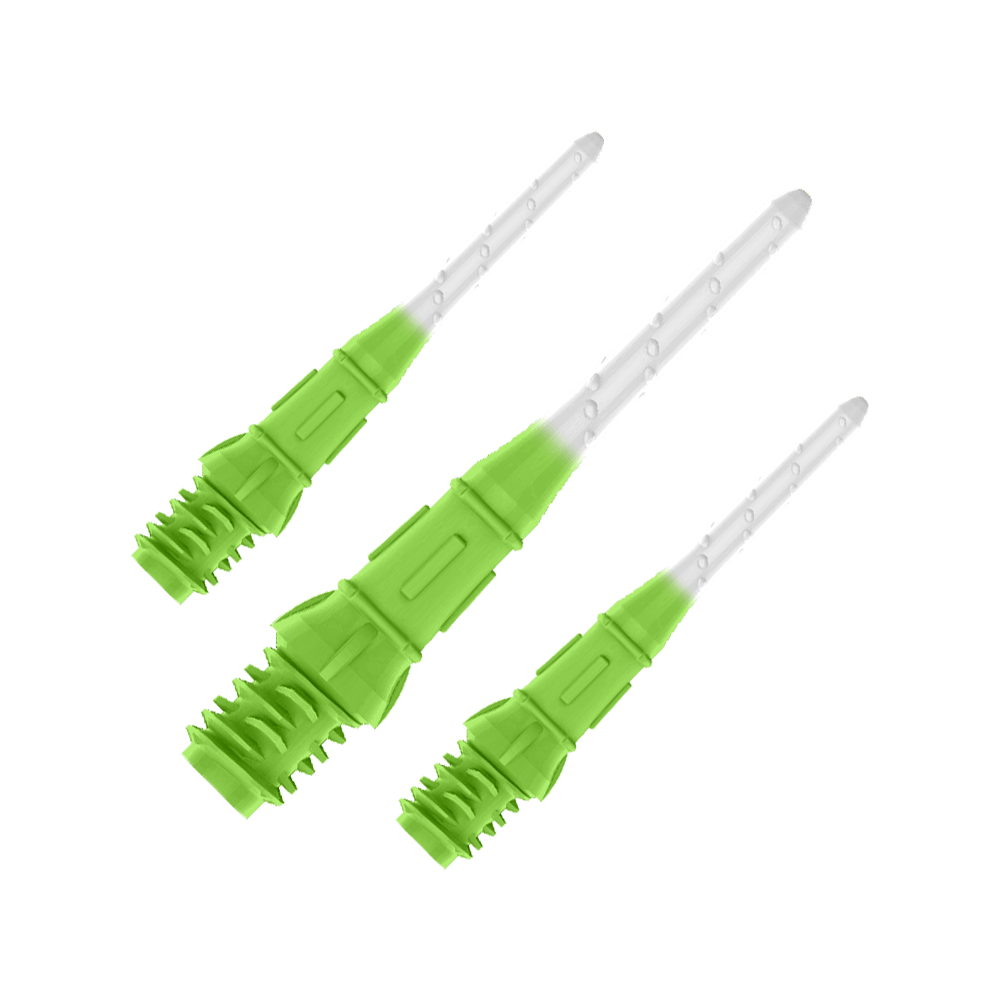 L-Style Premium Two Tone Lippoints (30er Pack)- Grün/Weiß Das Bild zeigt drei grün-weiße Spitzen für Softdartpfeile. Die Spitzen haben eine geriffelte Struktur im unteren Bereich und verlaufen nach oben hin transparent.