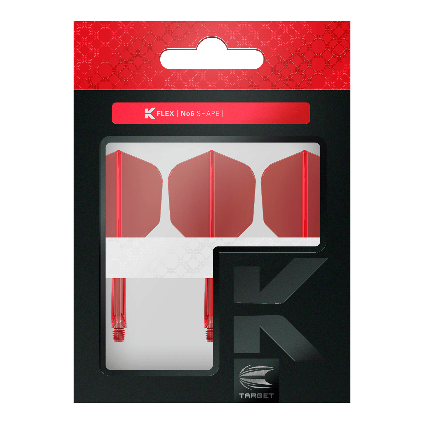 Die Abbildung zeigt eine Packung mit drei roten Dartflights und Schäften von Target. Auf der Verpackung steht "K FLEX | No6 SHAPE".