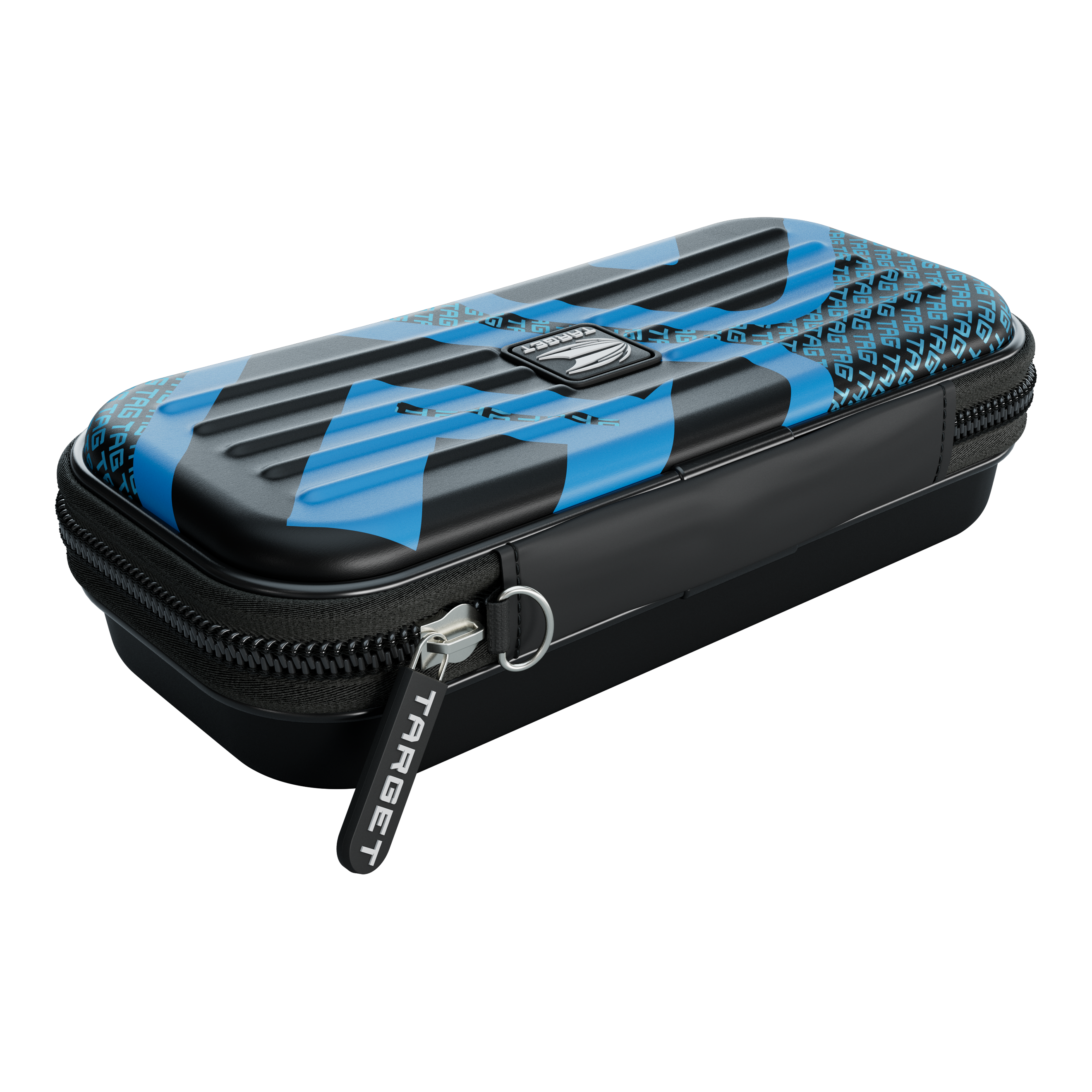 Das Bild zeigt ein rechteckiges Etui mit einem Reißverschluss. Das Etui ist schwarz mit blauen Akzenten und dem Schriftzug "TARGET" auf dem Zipper.