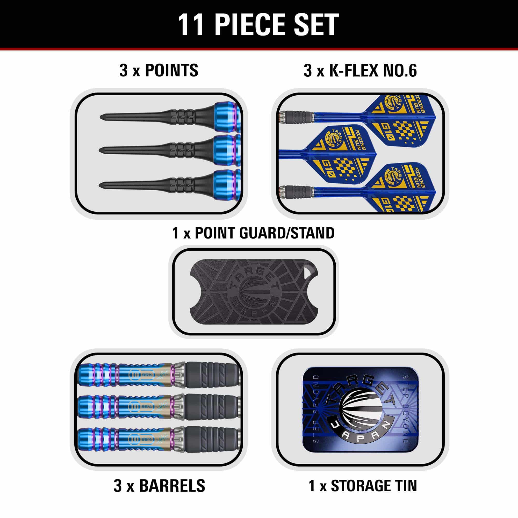 Target Japan Rising Sun GEN10 Softdarts - 21,5g Das Produkt Target Japan Rising Sun GEN10 Softdarts - 21,5g wird dargestellt. Es handelt sich um ein Set professioneller Softdarts.