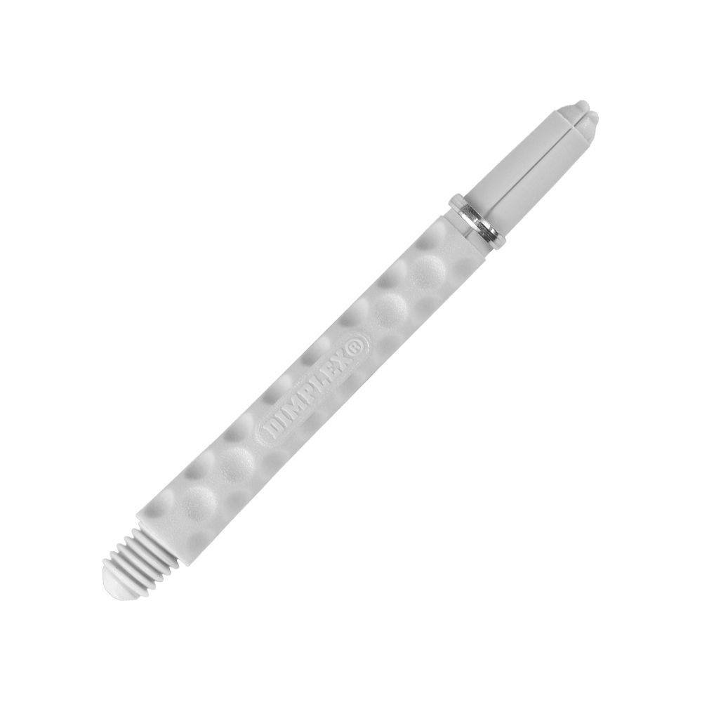 Auf dem Bild ist ein weißer Dart-Schaft mit einer genoppten Oberfläche zu sehen. Das Wort "DIMPLEX" ist auf dem Schaft eingraviert.
