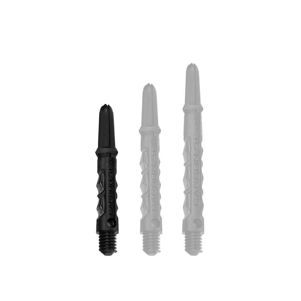 HR434_Harrows_Carbon_ST_Shafts_Schwarz_33mm_1Tv6D004hbrYwC Das Bild zeigt drei schwarze Harrows Carbon ST Shafts in unterschiedlichen Längen. Sie sind speziell für den Einsatz bei Darts entwickelt.