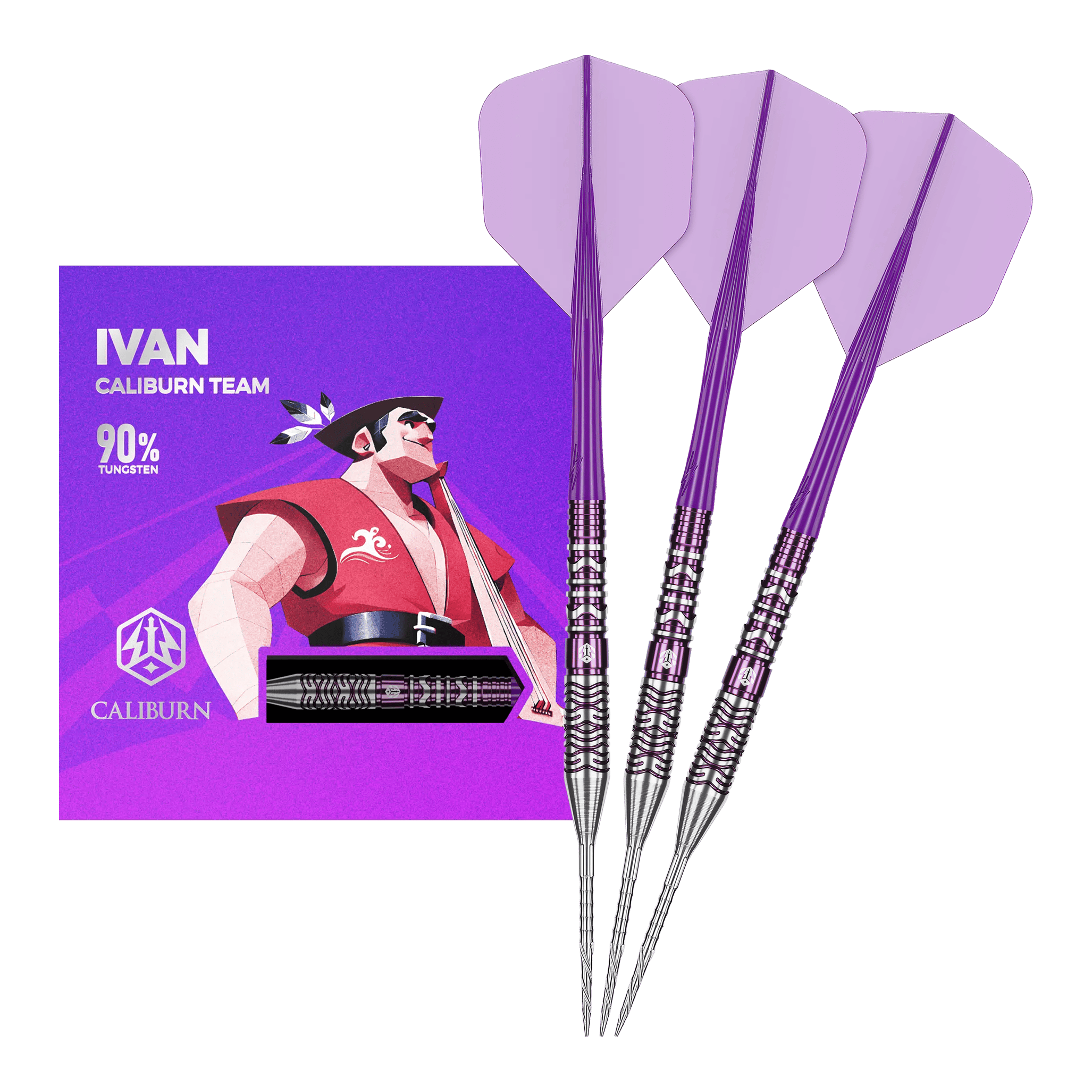 Abgebildet ist das komplette Set der Caliburn Awakening Ivan Steeldarts. Diese Steeldarts eignen sich ideal für anspruchsvolle Dartspieler.