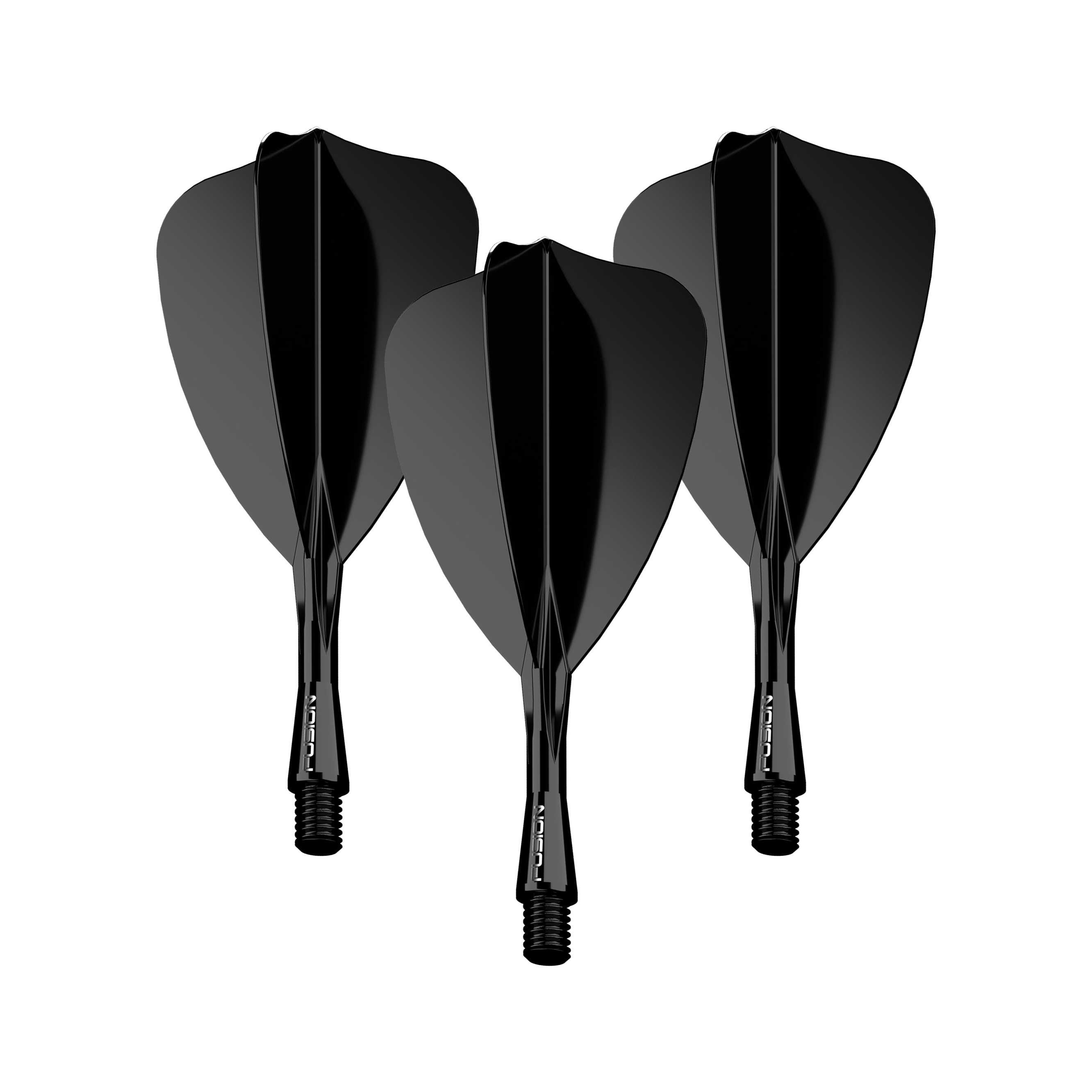 Auf dem Bild sind drei schwarze Dartflights mit Schaft zu sehen. Sie sind gleichmäßig angeordnet und sehen modern und hochwertig aus.