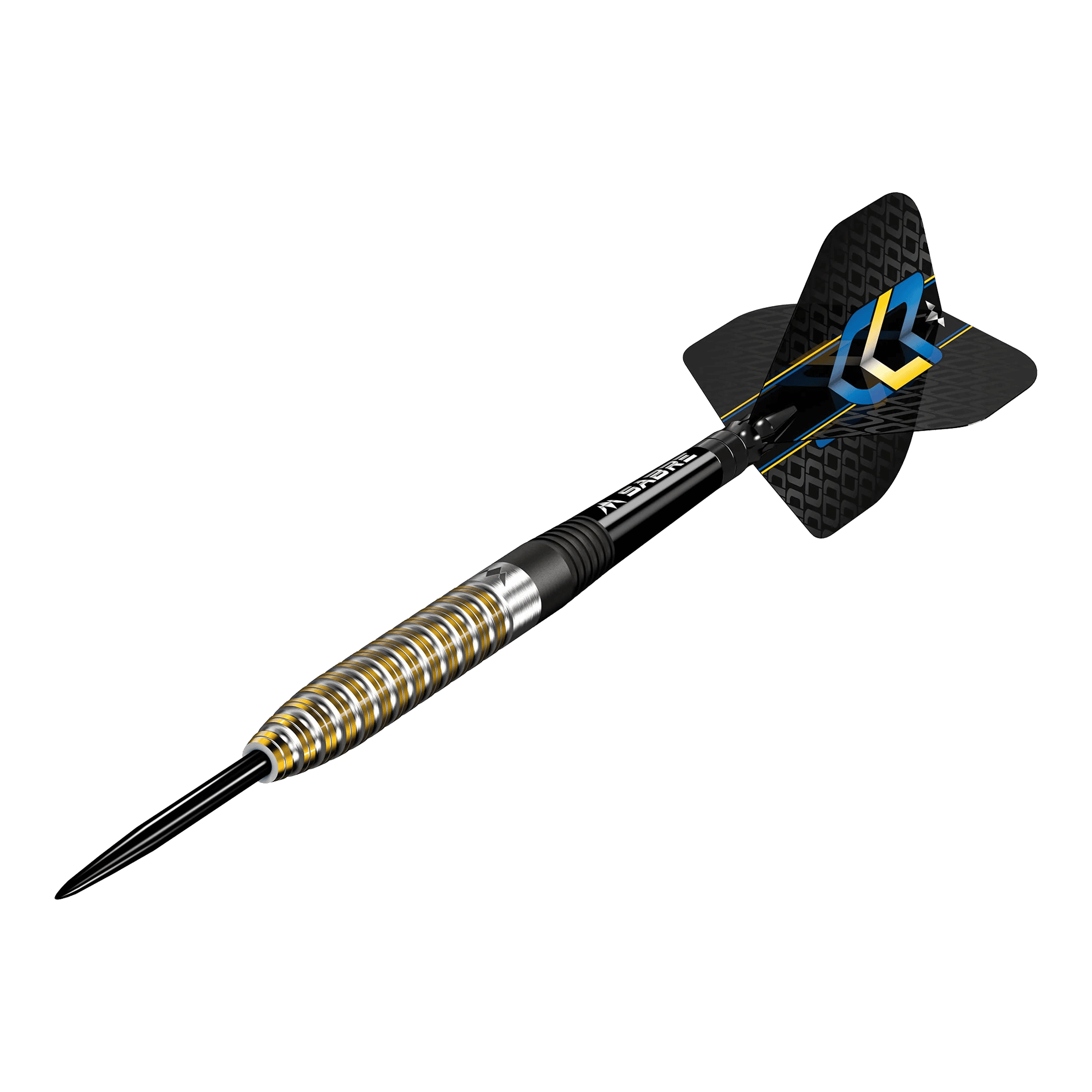 Mission Oskar Lukasiak Black Gold PVD Steeldarts - 22g Das Bild zeigt einen Steeldart, der "Mission Oskar Lukasiak Black Gold PVD Steeldarts - 22g" heißt. Der Dart hat ein schwarz-goldenes Design mit modernen Rillen und einem schwarzen Flight.