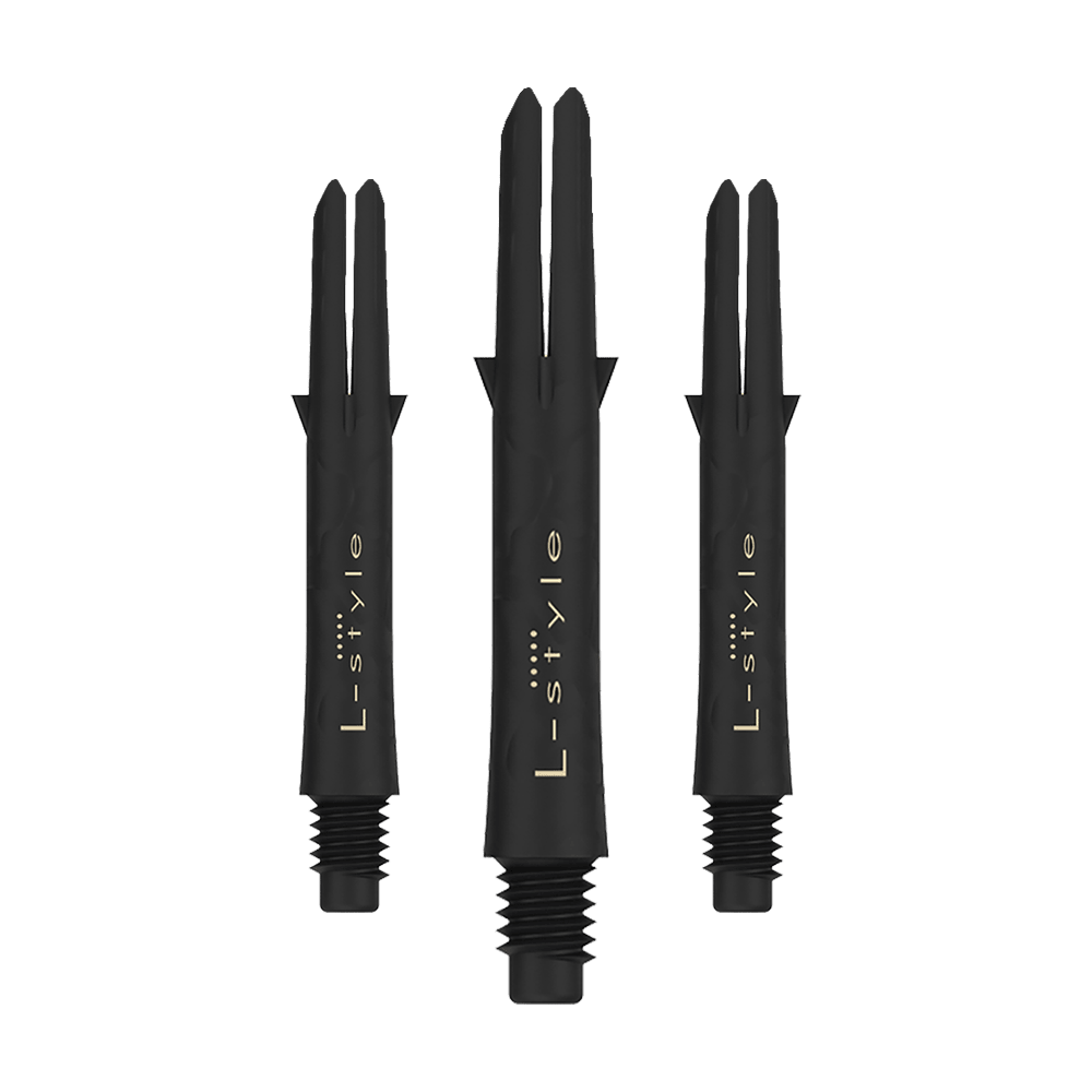 Das Bild zeigt drei schwarze L-Style Carbon Shafts für Darts ohne Kappen. Auf den Schäften steht in goldener Schrift das Wort "L-style".