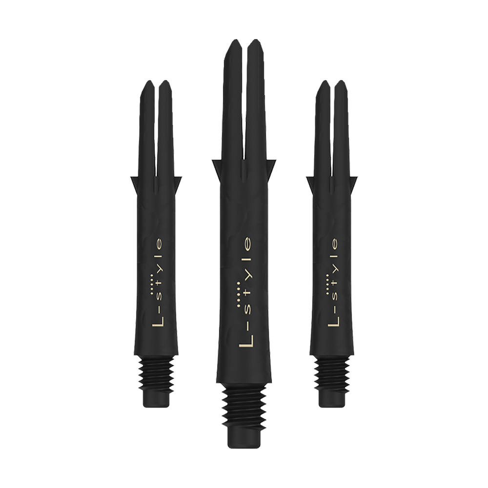 L-Style Carbon Shafts 225 Das Bild zeigt drei schwarze L-Style Carbon Shafts für Darts ohne Kappen. Auf den Schäften steht in goldener Schrift das Wort "L-style".