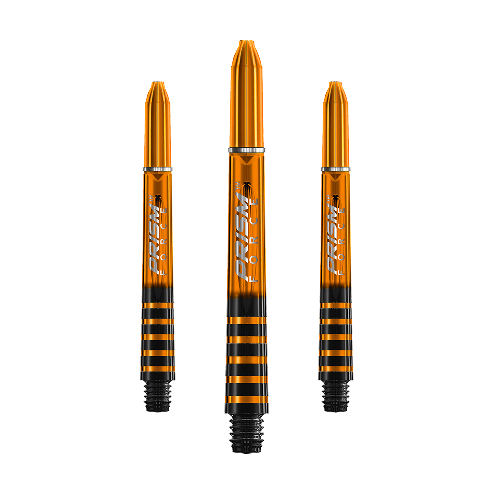 7020-407_Winmau_Prism_Force_Shafts_Orange_41mm_1 Das Bild zeigt drei orangefarbene Winmau Prism Force Shafts für Dartpfeile. Sie haben schwarze Streifen und ein glänzendes Design.