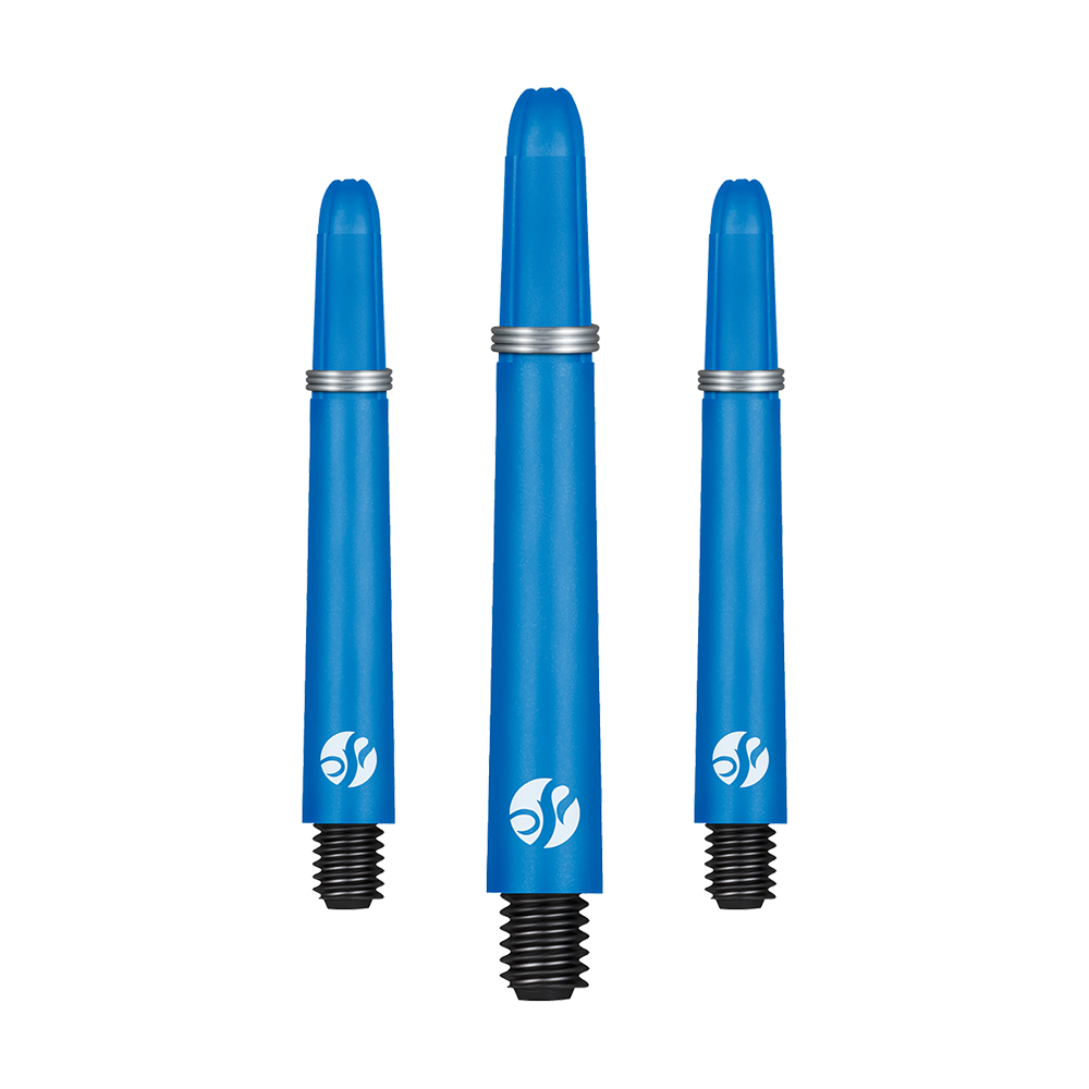 Shot Koi Carbon Shafts - Blau Das Bild zeigt drei blaue Dartschäfte in verschiedenen Längen. Jeder Schaft hat ein schwarzes Gewinde und einen weißen Aufdruck.