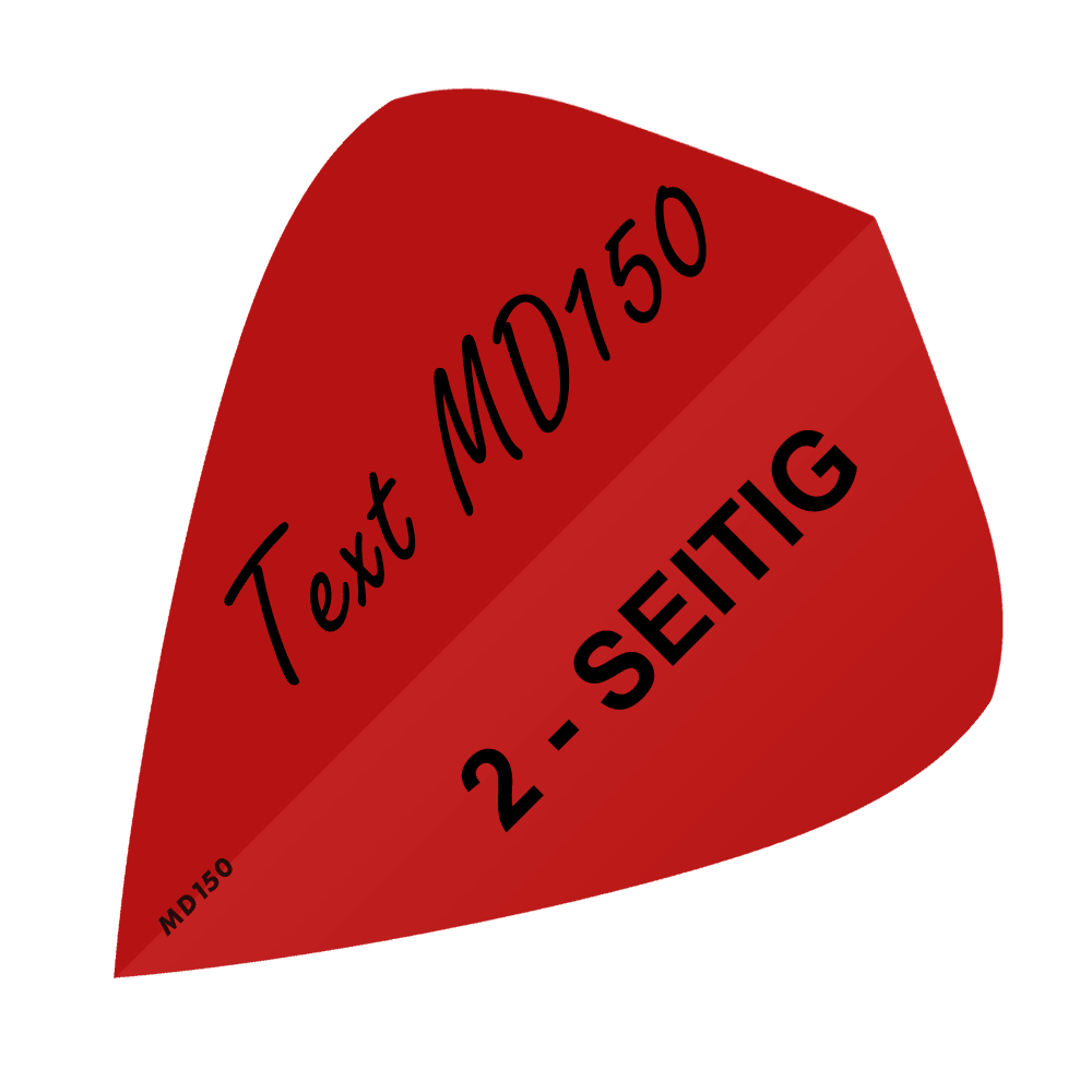 MD-307_2-Seitig_Bedruckte_Flights_Wunschtext_MD150_Rot_Kite_1 Das Bild zeigt ein rotes, quadratisches Feld mit schwarzem Text. Darauf stehen die Wörter „Text MD150“ und „2-SEITIG“.