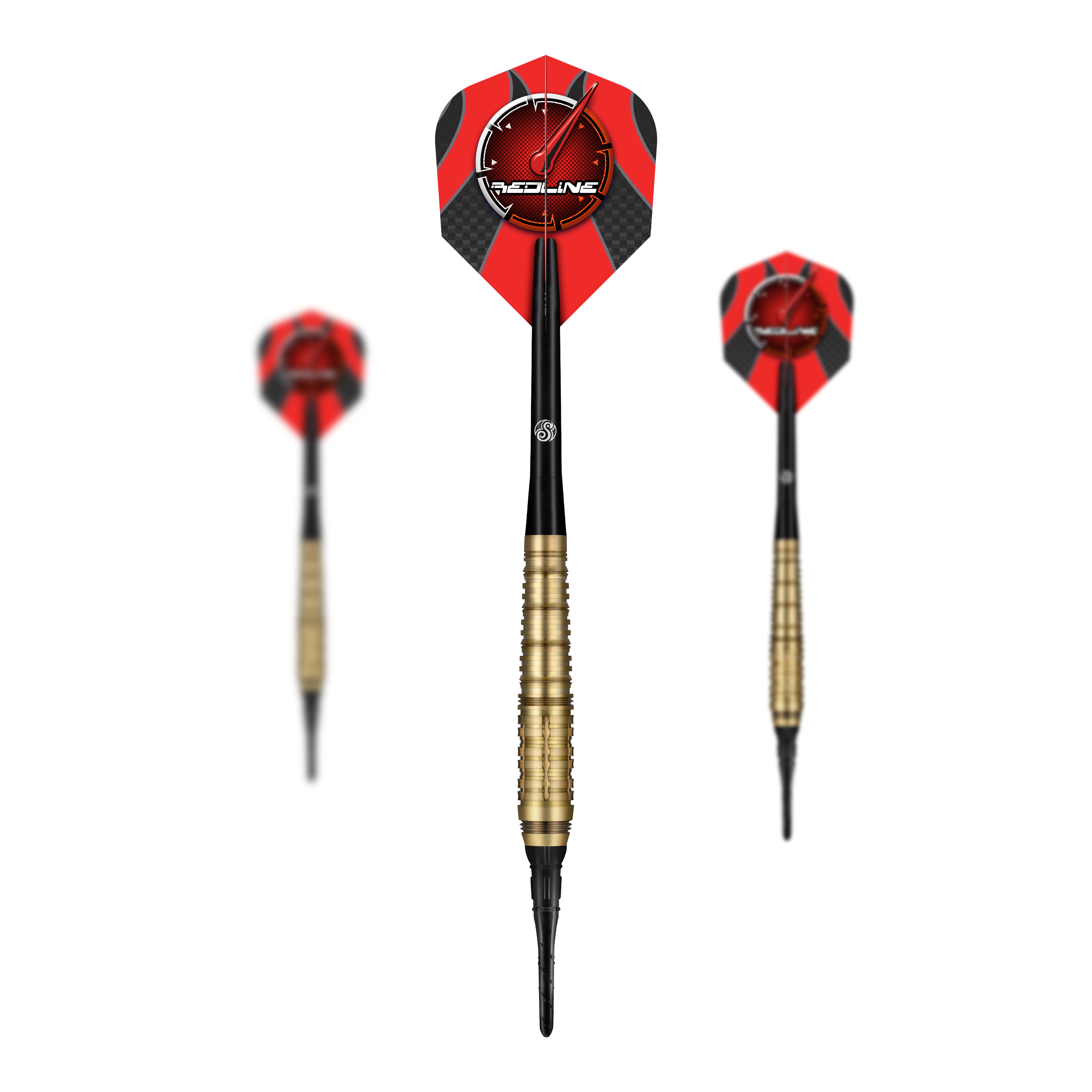 Shot Redline Mach 1 Softdarts - 20g Das Bild zeigt drei Softdarts des Produkts „Shot Redline Mach 1“ mit einem Gewicht von 20g. Die Darts haben rote Flights mit schwarzem Muster und goldenen Griffen.