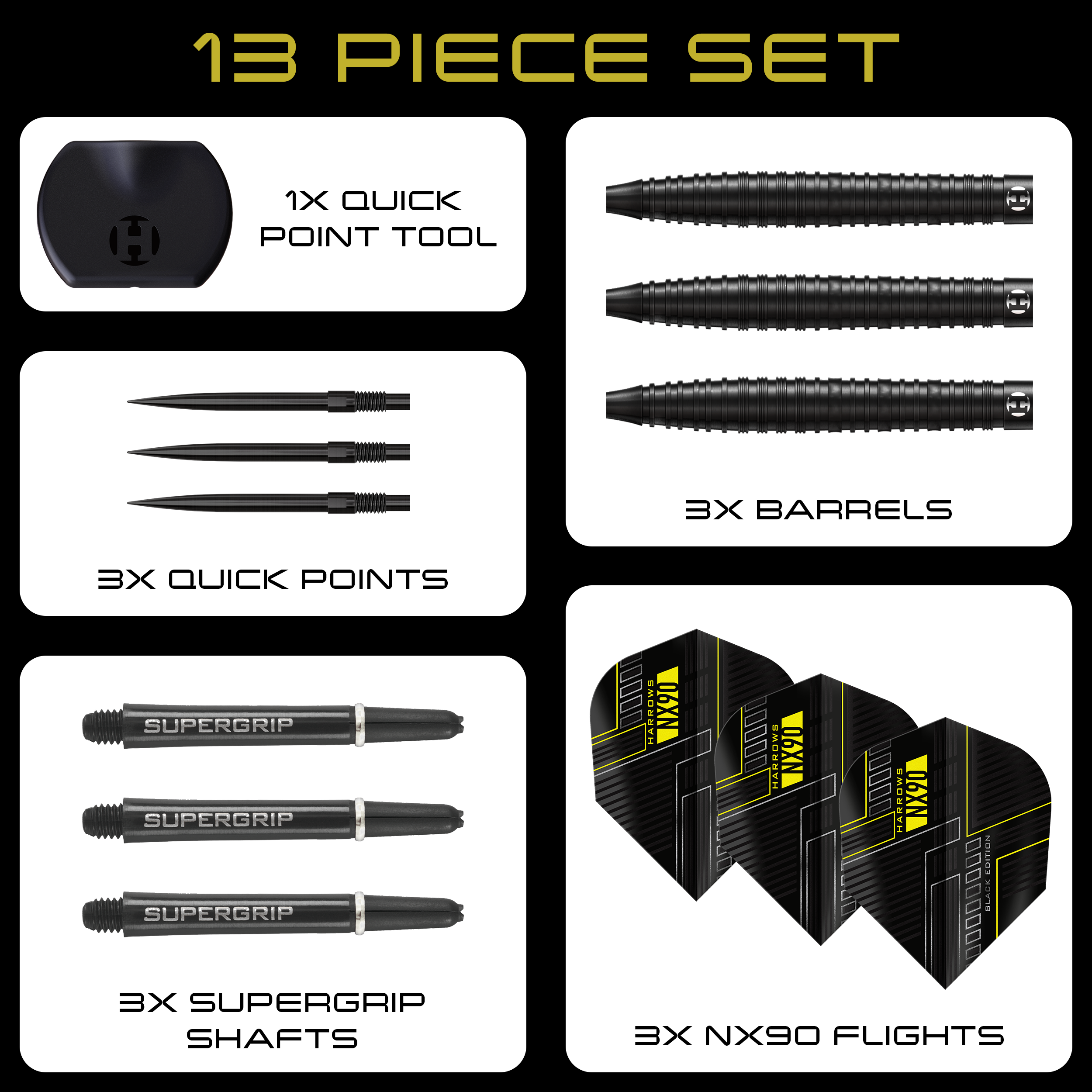 Harrows NX90 Black Edition Tapered Quick Point Steeldarts Hier zu sehen sind die Harrows NX90 Black Edition Tapered Quick Point Steeldarts. Die Darts sind schmal zulaufend und haben eine schwarze Oberfläche.