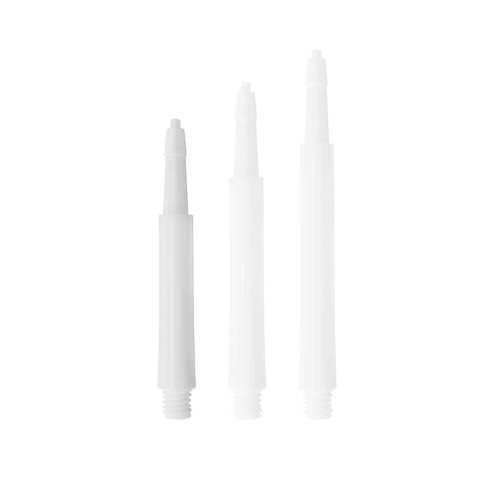 HRC12619W_Harrows_Clic_Standard_Shafts_Weiss_37mm_1IVvaOVGthdRLr Auf dem Bild sind drei weiße Harrows Clic Standard Shafts in unterschiedlichen Längen zu sehen. Sie sind gerade ausgerichtet und heben sich deutlich vom Hintergrund ab.