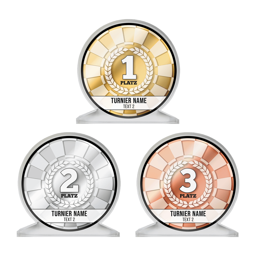 Pokal-Entwurf-Set Das Bild zeigt drei Pokale für den 1., 2. und 3. Platz in Gold, Silber und Bronze. Auf jedem Pokal steht "PLATZ" und darunter "TURNIER NAME" sowie "TEXT 2".