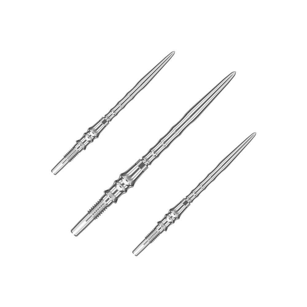 Das Bild zeigt ein Set silberner SwissPoint-Dartspitzen mit 35 mm Länge. Diese Dartspitzen stammen aus der Target Japan Premium Kollektion.