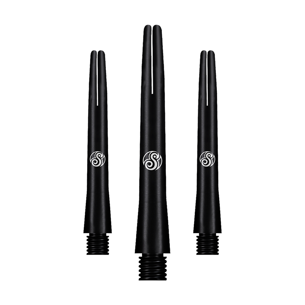 SM3809-I_Shot_Aluminium_Shafts_Black_41mm_1 Das Bild zeigt drei schwarze Aluminium-Schäfte für Dartpfeile. Sie haben ein schlichtes Design mit einem weißen Logo in der Mitte.
