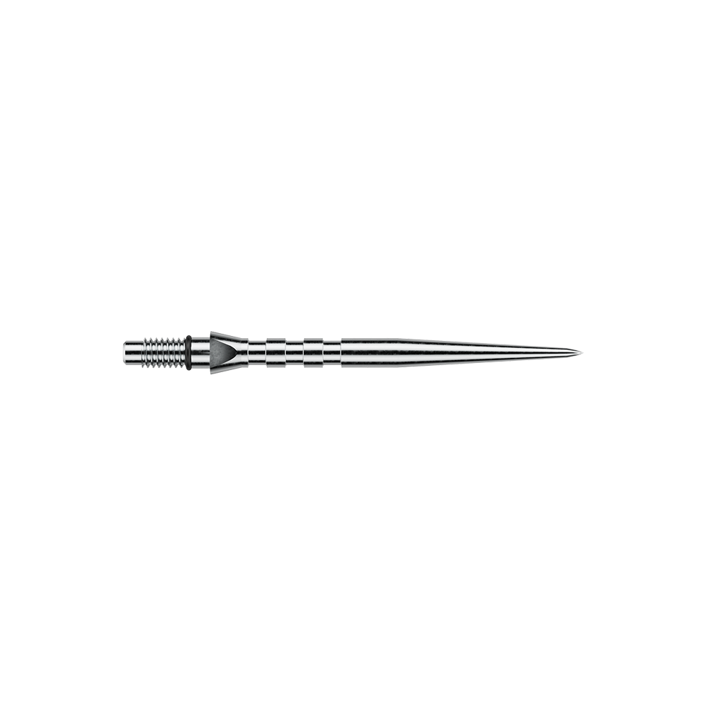 Das Bild zeigt eine silberne Winmau Switch Point Groove Steeldartspitze mit einer Länge von 30mm. Die Dartspitze hat eine strukturierte Oberfläche und ist aus Metall gefertigt.