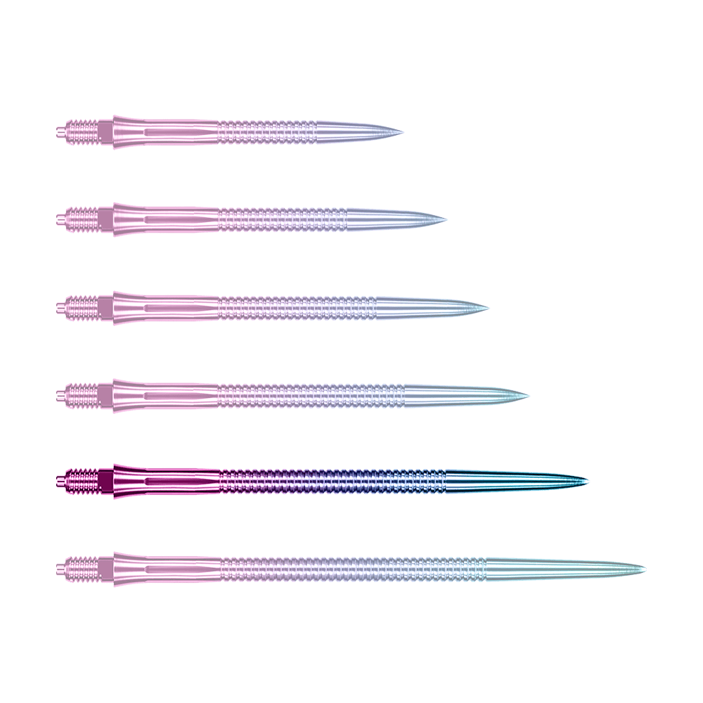 Dargestellt ist eine einzelne Caliburn EZ-EVO Dartspitze in 45 mm Länge und grooved Rainbow-Design. Die Spitze leuchtet in Regenbogenfarben und hat ein geriffeltes Muster.