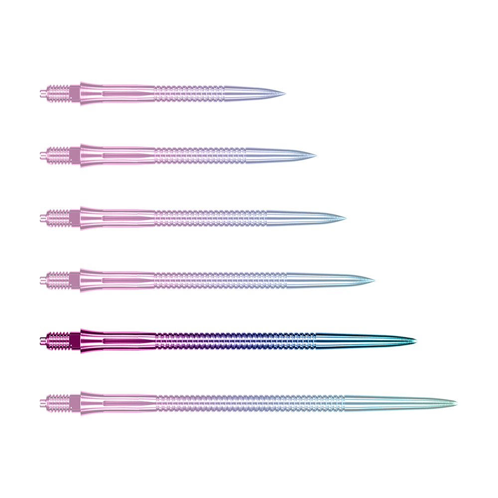 Caliburn EZ-EVO Dartspitzen - Grooved - Rainbow Dargestellt ist eine einzelne Caliburn EZ-EVO Dartspitze in 45 mm Länge und grooved Rainbow-Design. Die Spitze leuchtet in Regenbogenfarben und hat ein geriffeltes Muster.