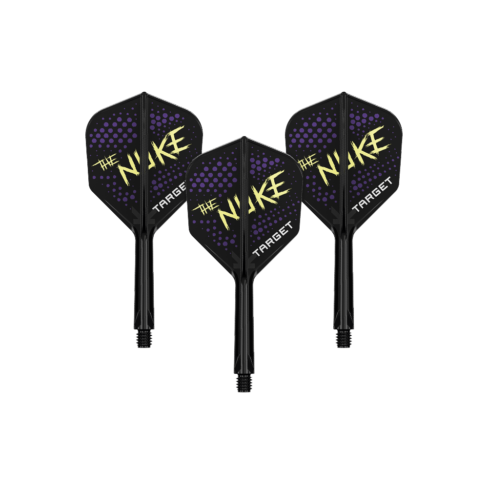 Das Bild zeigt drei schwarze Dartflights mit dem Aufdruck "THE NUKE" und "TARGET". Die Flights haben ein lila Punktmuster als Verzierung.