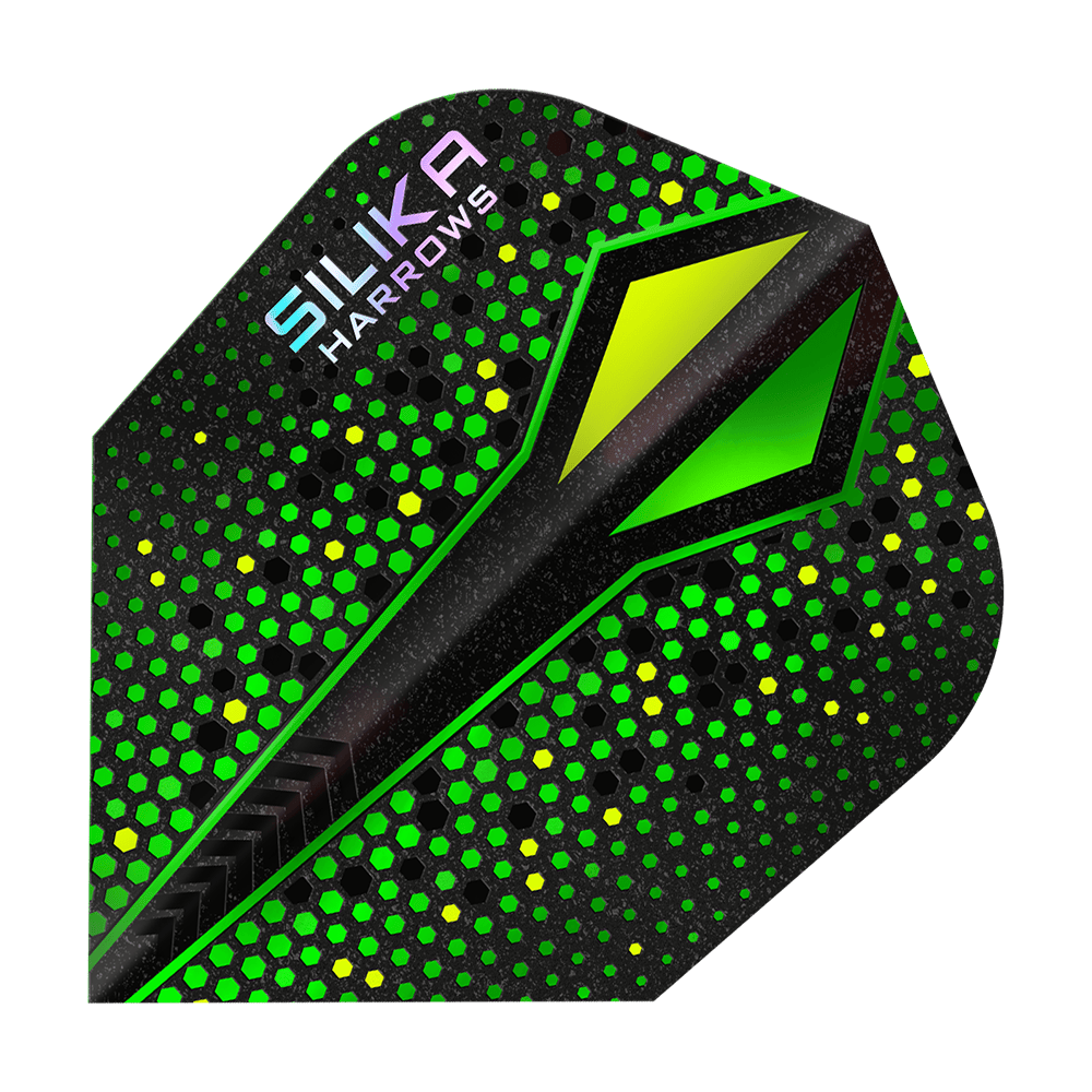 Harrows Silika Colourshift Tough Crystalline Coating Green-X No6 Flights Abgebildet ist ein Flight der Harrows Silika Colourshift Tough Crystalline Coating Green-X No6 Flights. Es sind verschiedene Designelemente zu erkennen.