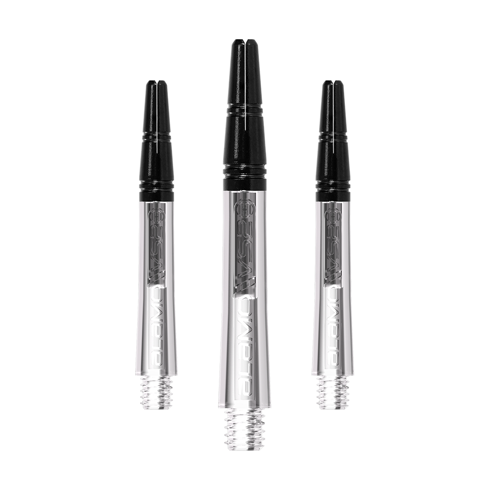 Harrows Alamo VS2 Shafts - Clear Das Bild zeigt drei durchsichtige Dartschäfte mit schwarzem oberen Teil. Sie sind jeweils mit einem Gewinde an einem Ende versehen.